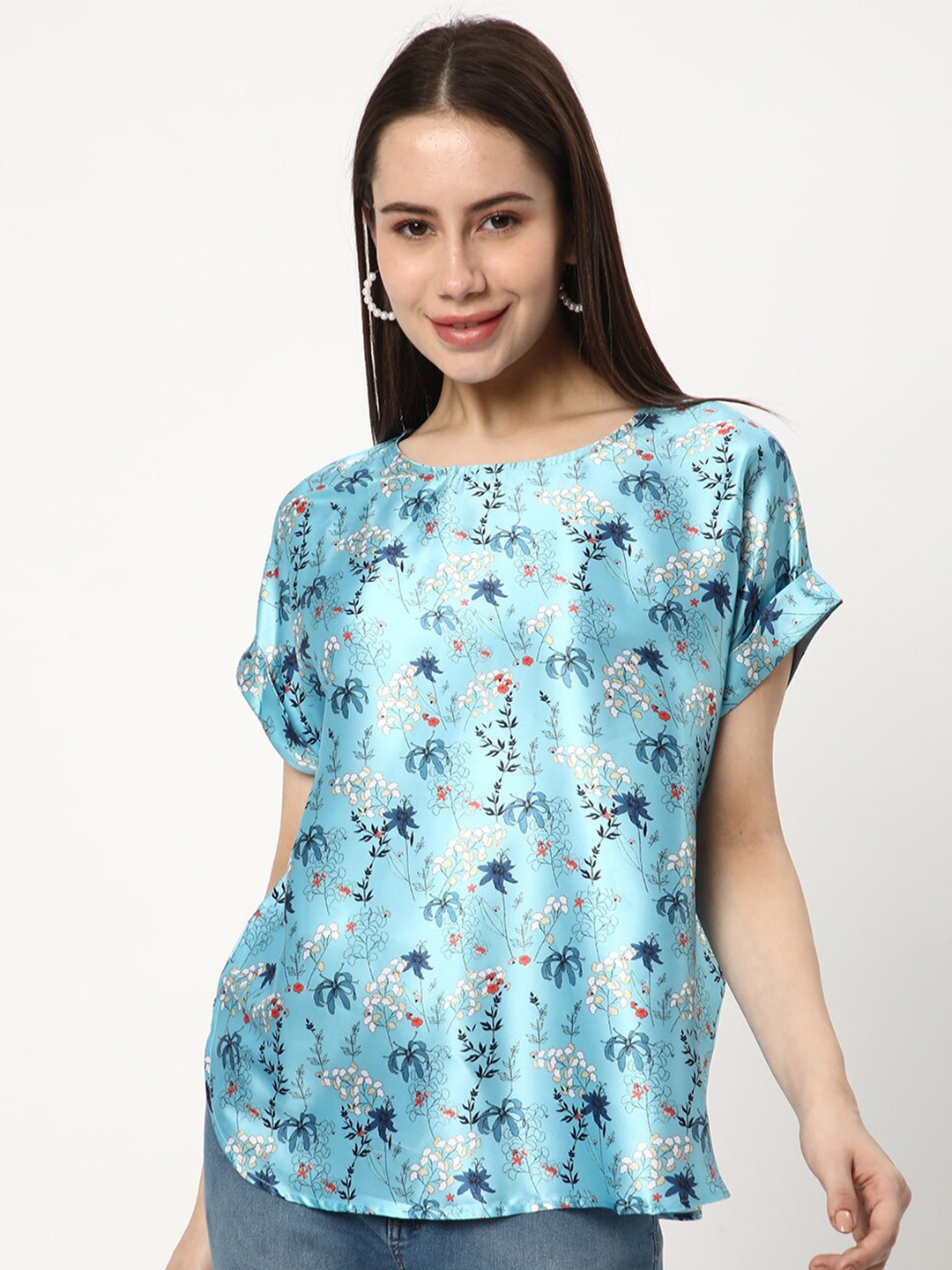 

R&B Round Neck Extended Sleeves Floral Printed Styled Back Top, Blue