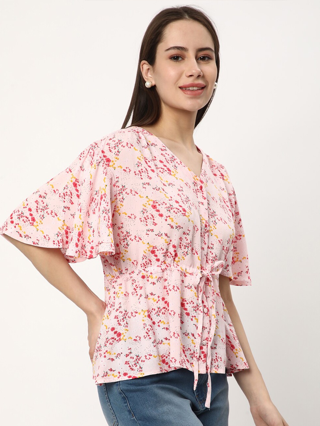 

R&B V Neck Floral Print Flared Sleeve Cinched Waist Top, Pink