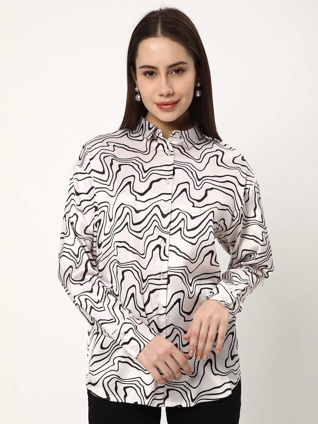 

R&B Shirt Collar Long Sleeves Abstract Printed Shirt Style Top, White