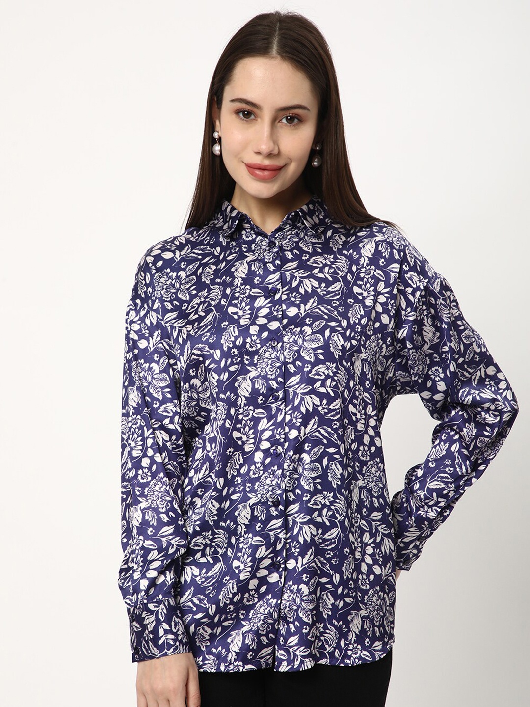 

R&B Shirt Collar Long Cuffed Sleeves Floral Print Shirt Style Top, Blue