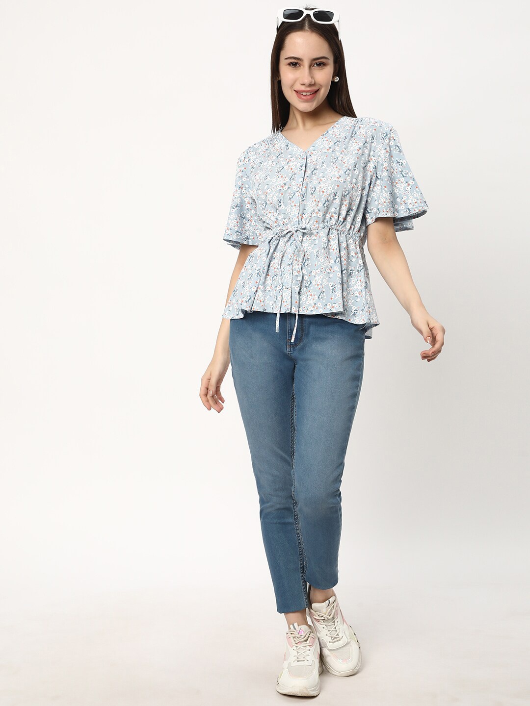 R&B V Neck Short Flared Sleeves Viscose Rayon Floral Print Top, Blue