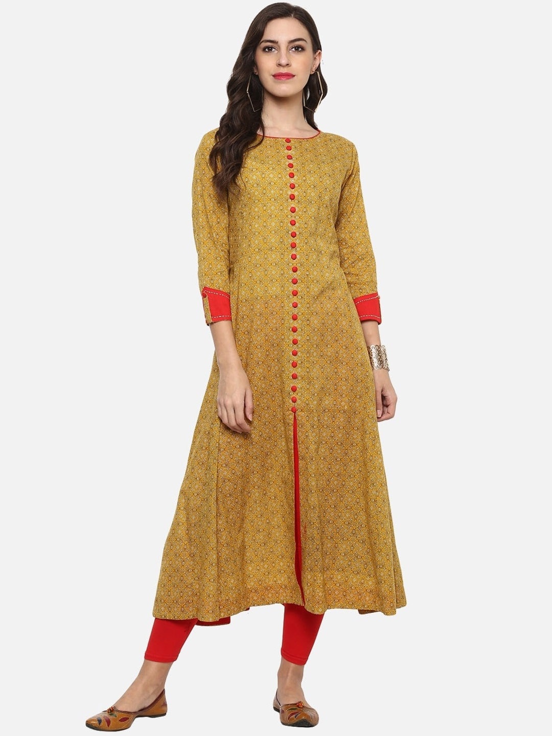 

KALINI Ethnic Motifs Printed Roll-Up Sleeves Pure Cotton A-Line Kurta, Yellow