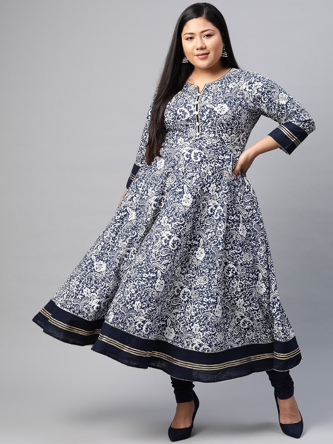 

KALINI Plus Size Floral Printed Cotton Pleated Anarkali Kurta, Blue