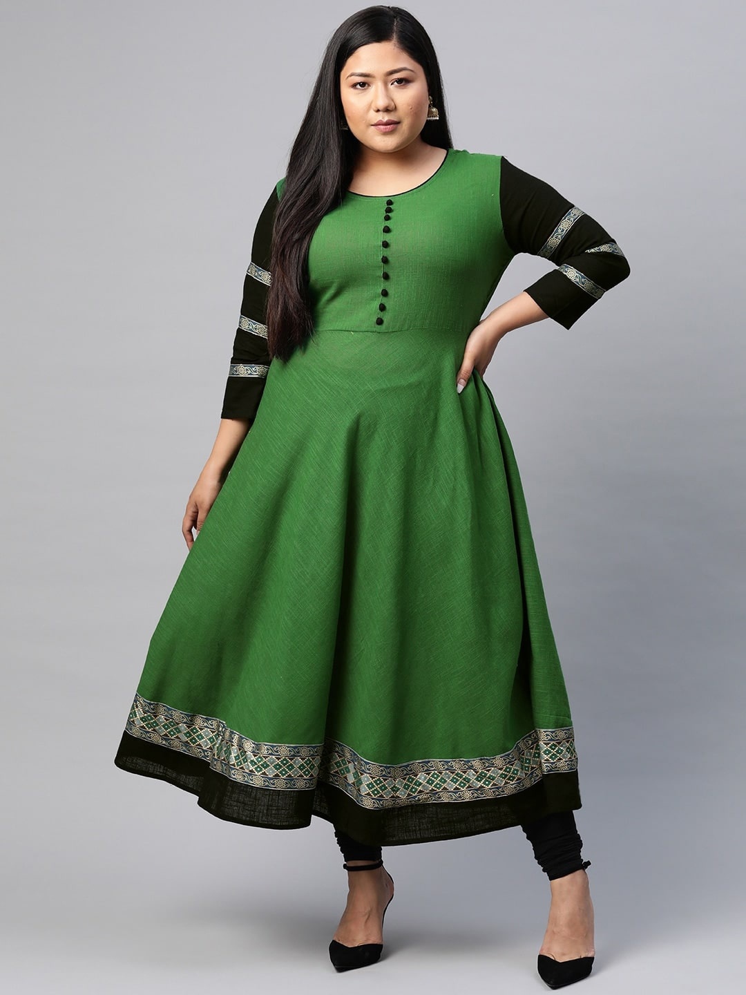 

KALINI Plus Size Colourblocked Cotton PLeated Anarkali Kurta, Green