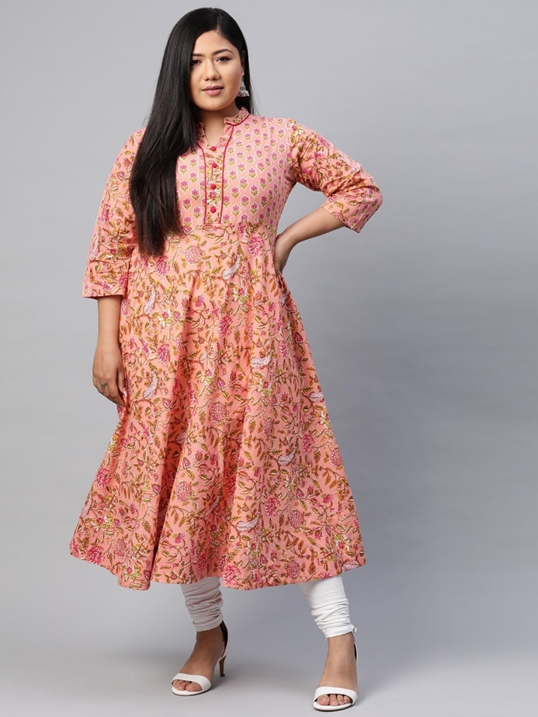 

KALINI Plus Size Ethnic Motifs Printed Mandarin Collar Cotton Anarkali Kurta, Pink