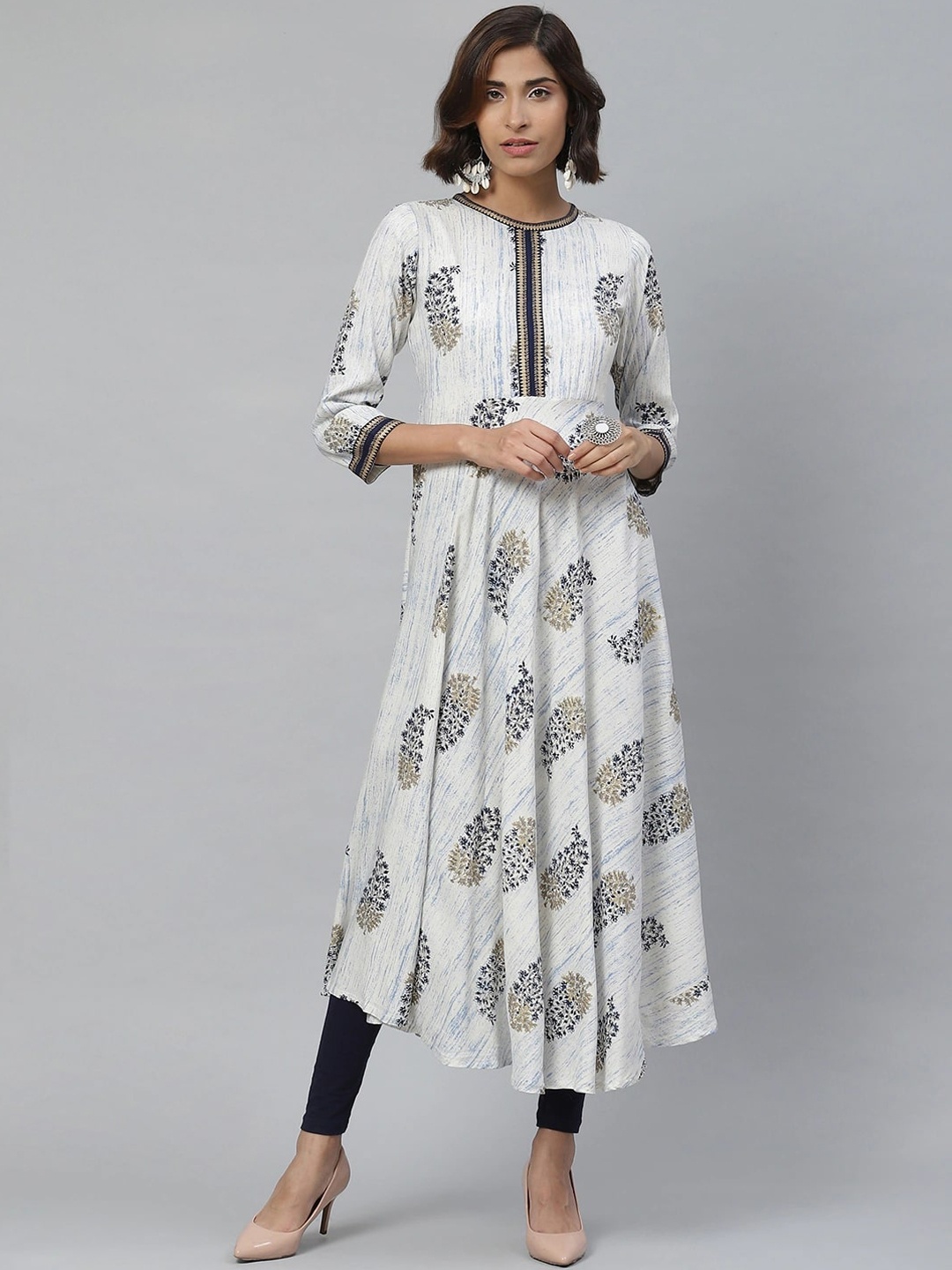 

KALINI Floral Printed Three-Quarter Sleeves Pleated Anarkali Kurta, White