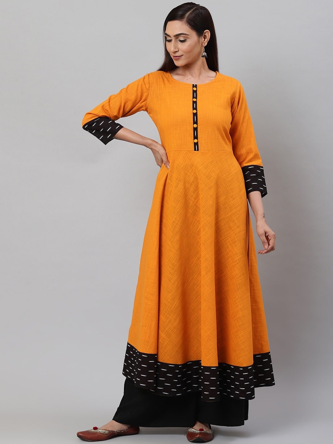 

KALINI Geometric Print Pleated Anarkali Kurta, Mustard