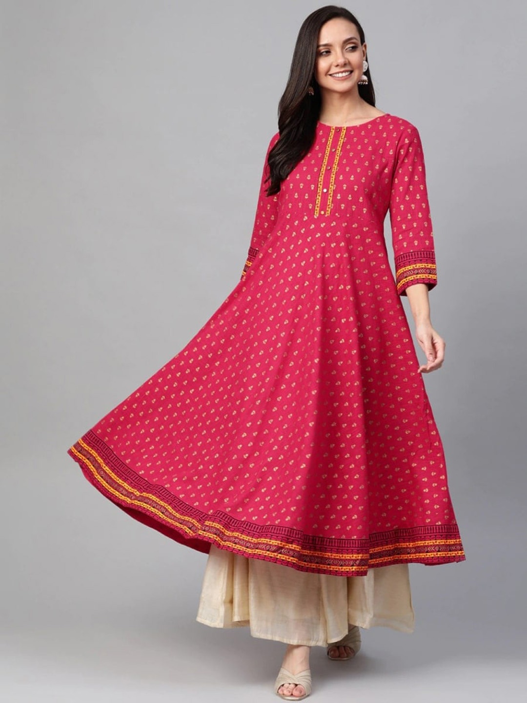 

KALINI Ethnic Motifs Printed Gotta Patti Three-Quarter Sleeves Layered Anarkali Kurta, Pink