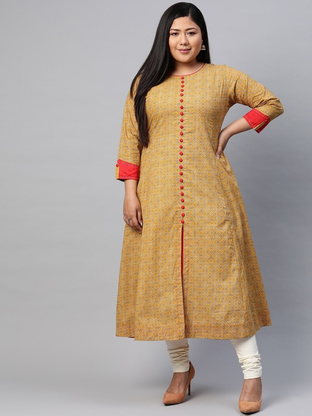 

KALINI Geometric Thread Work Cotton Three-Quarter Sleeves Layered A-Line Kurta, Yellow