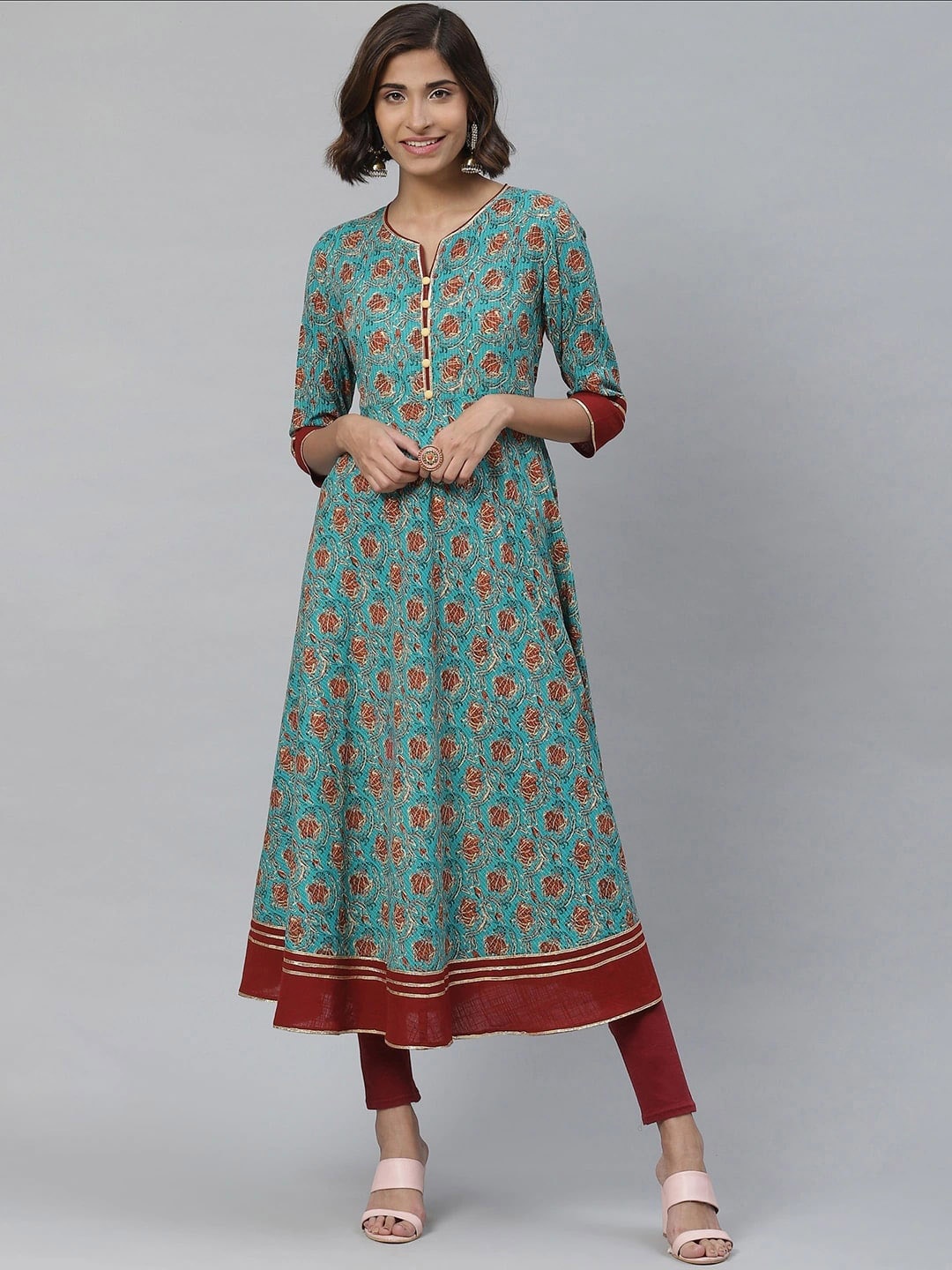 

KALINI Geometric Printed Thread Work Notched Neck Empire Anarkali Kurta, Teal