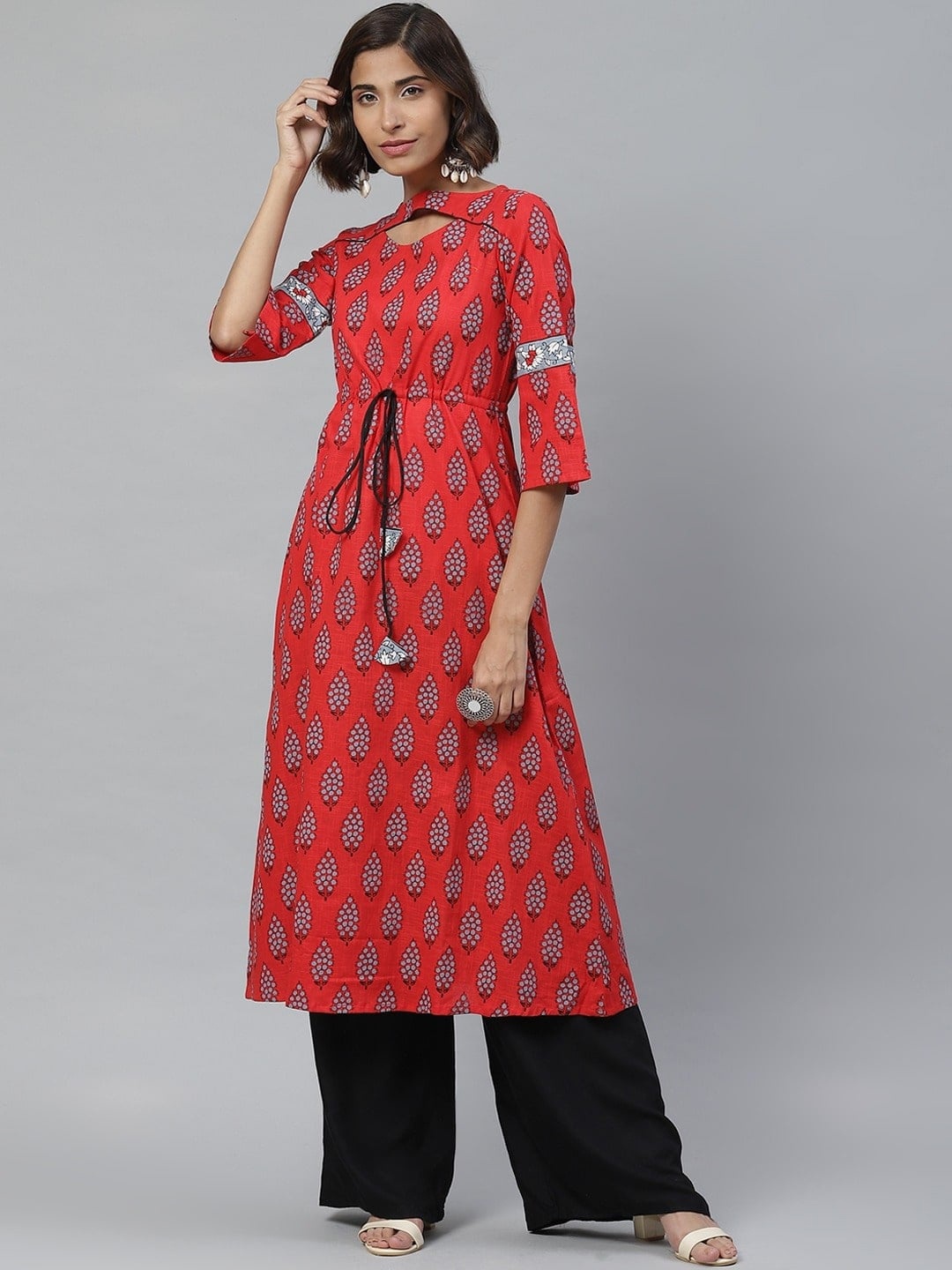 KALINI Women Paisley Printed Boat Neck Bell Sleeves A-Line Kurta, Red
