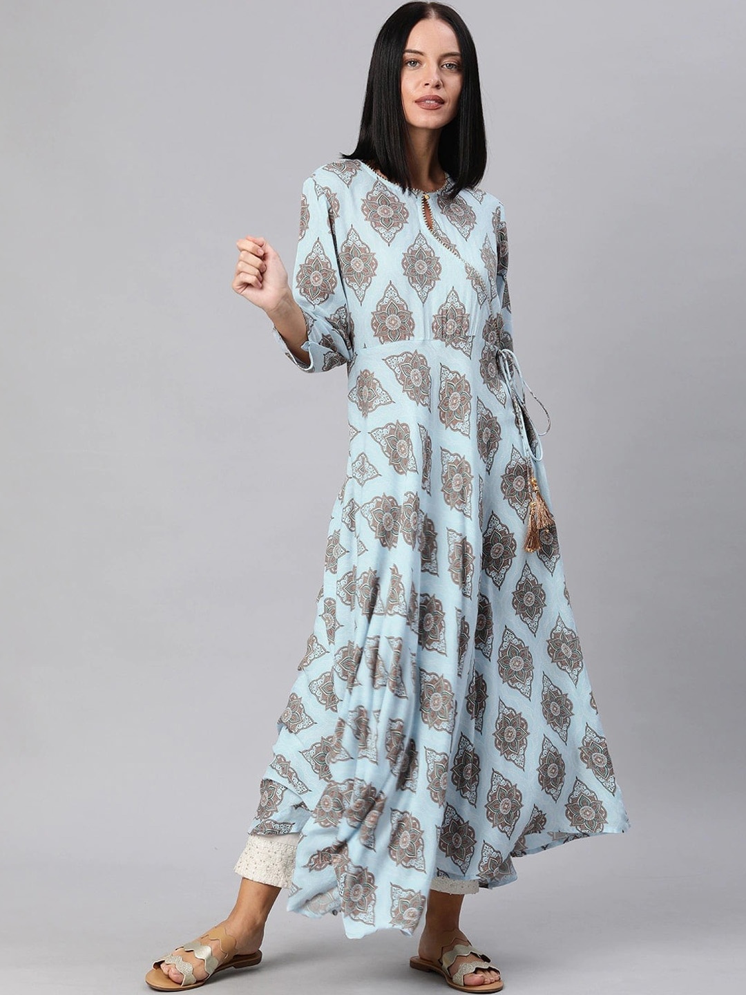 

KALINI Abstract Printed Beads And Stones Keyhole Neck Angrakha Anarkali Kurta, Blue