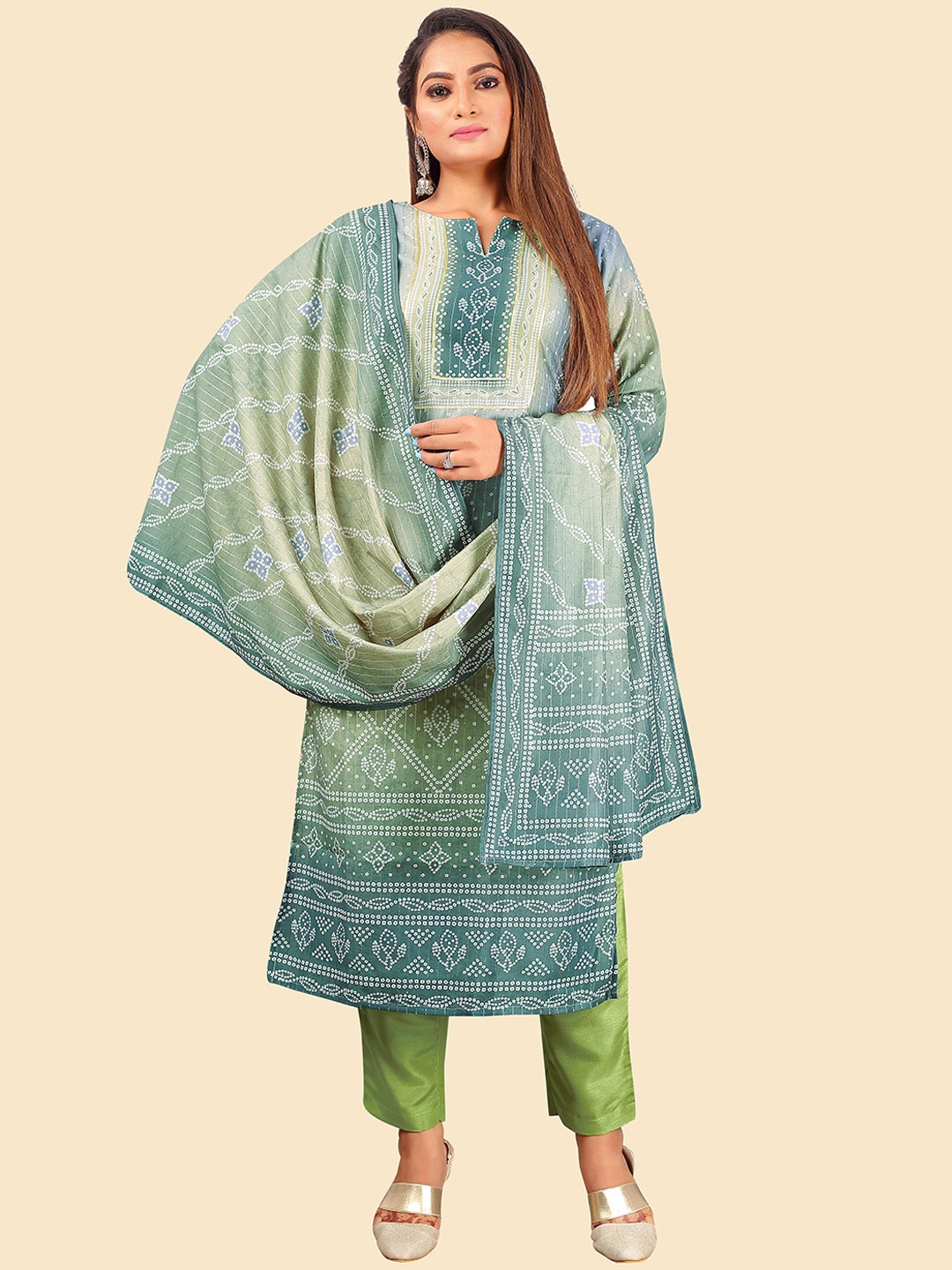 

Kiwie Bandhani Embroidered Round Neck Sequinned A-Line Kurta With Trousers & Dupatta, Green