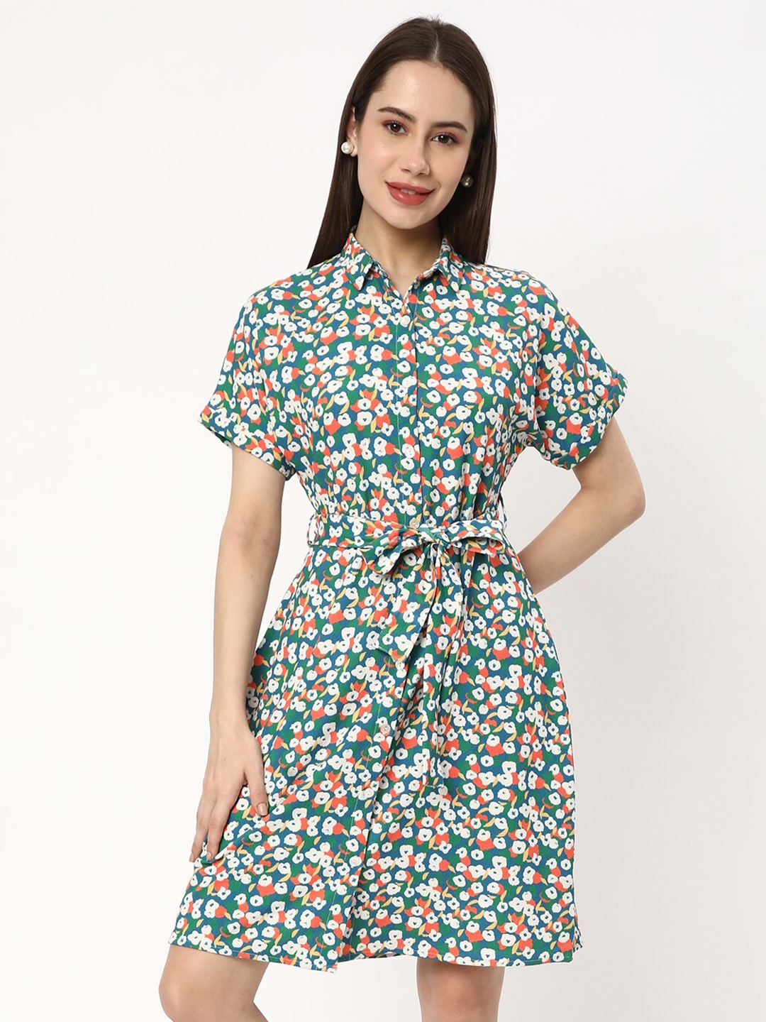 

R&B Floral Printed Tie-Ups Shirt Dress, Blue
