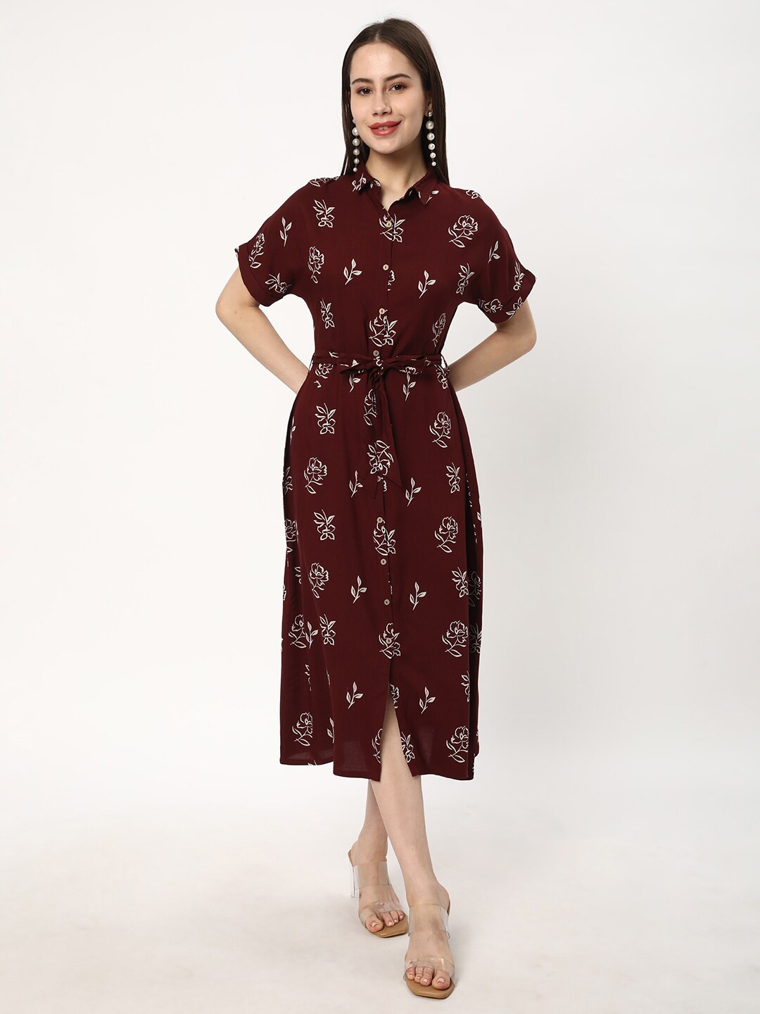 

R&B Ethnic Motifs Print Shirt Collar Tie -ups Shirt Midi Dress, Maroon