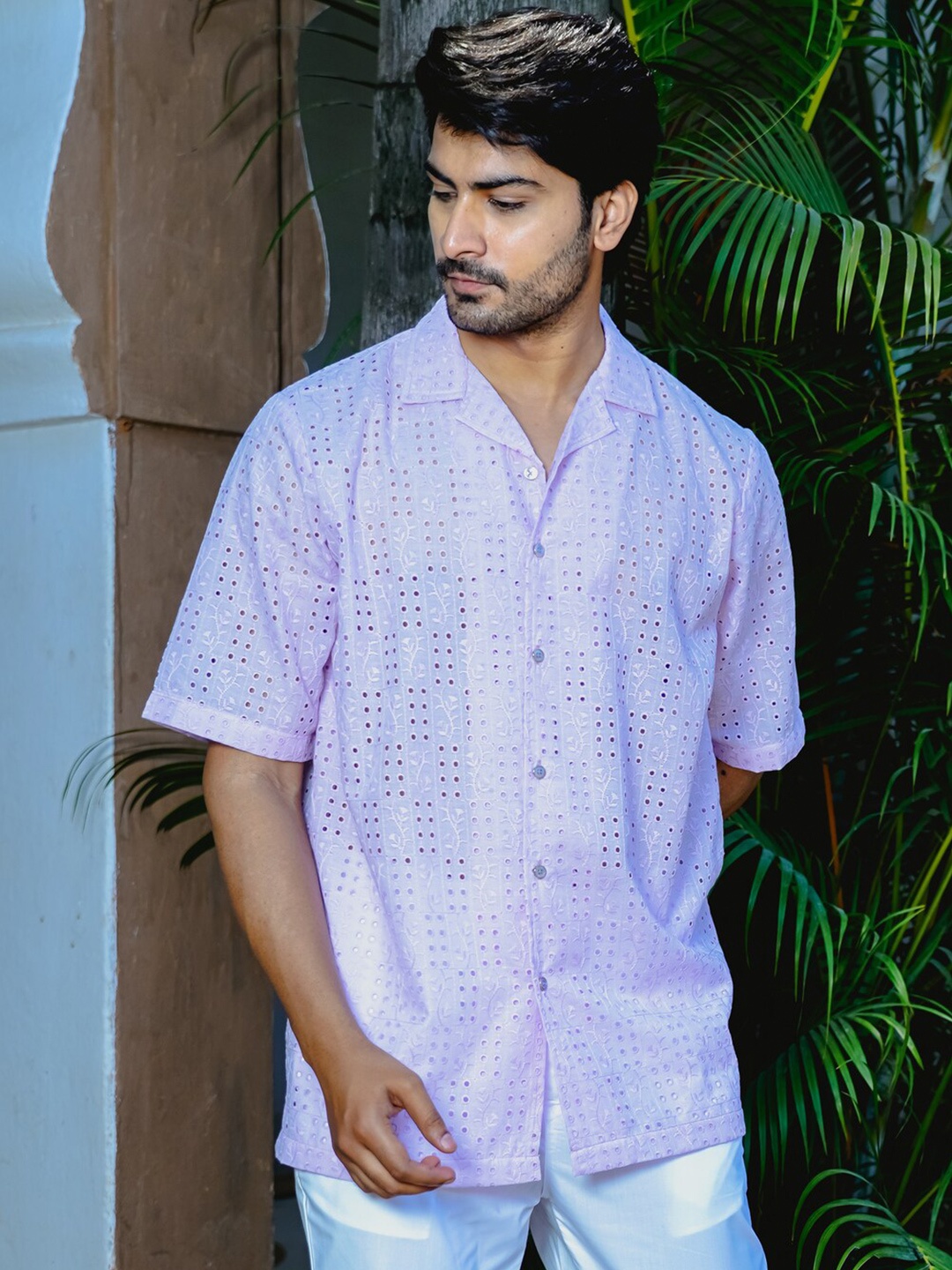

Be Desi Printed Spread Collar Short Sleeves Cotton Casual Shirt, Purple