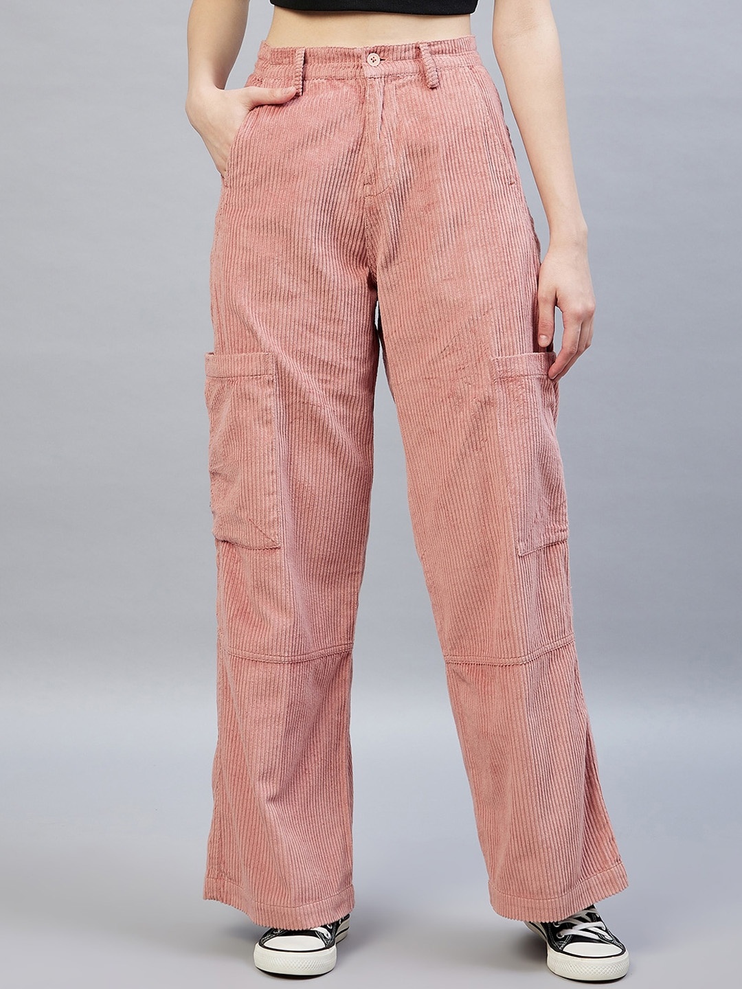 

DELAN Women Relaxed Flared High-Rise Corduroy Easy Wash Cargos Trousers, Peach