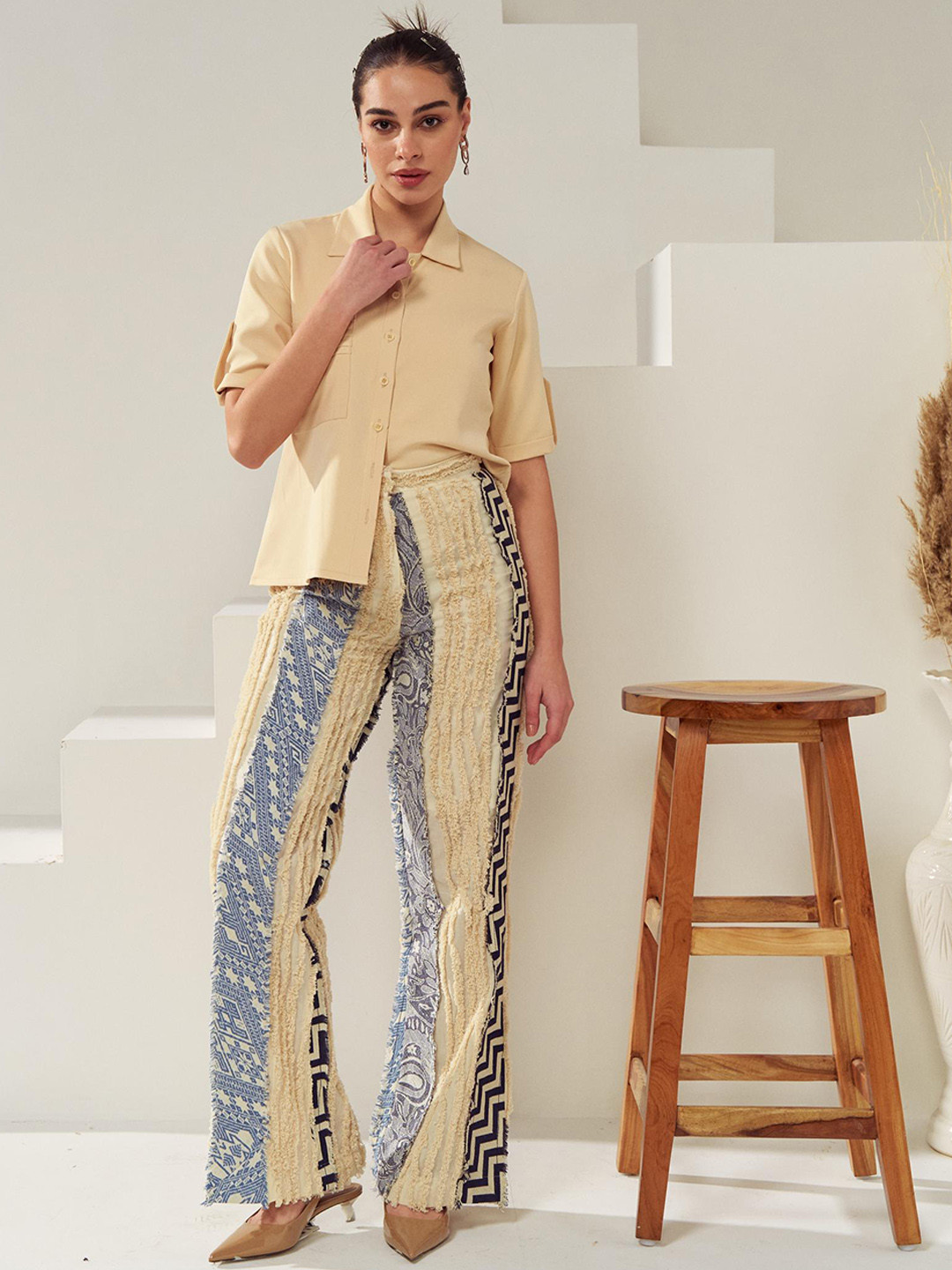 

CLOTHES ON MY MIND Shirt-Collar Shirt With Self-Design Trouser Co-Ords, Beige