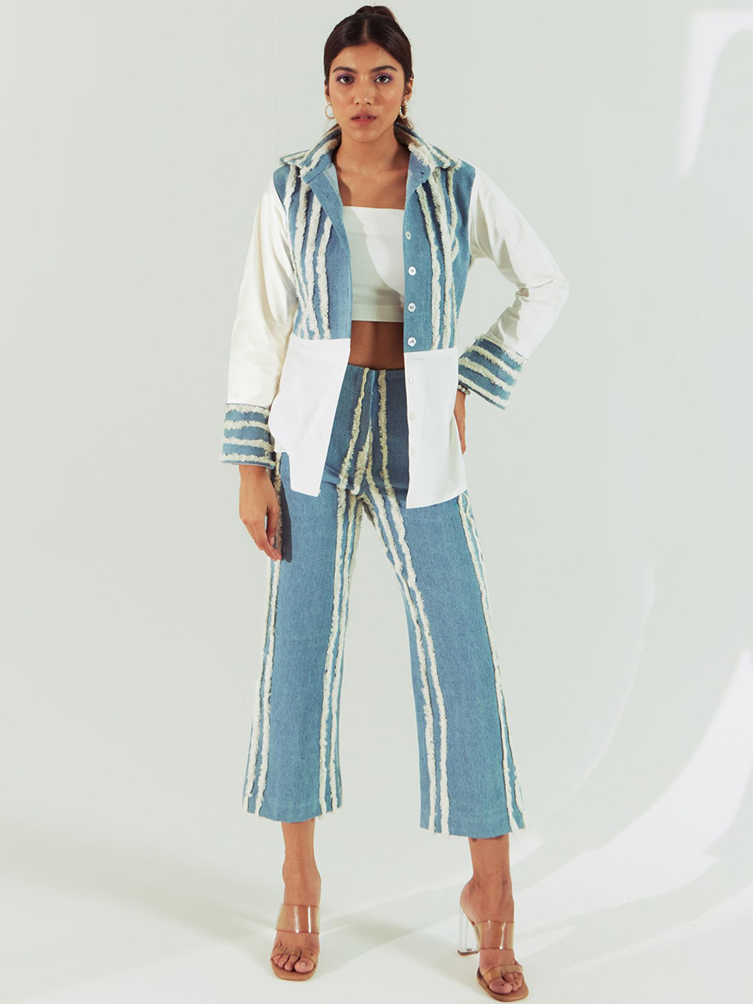 

CLOTHES ON MY MIND Self Design Shirt & Flared Trouser, Blue