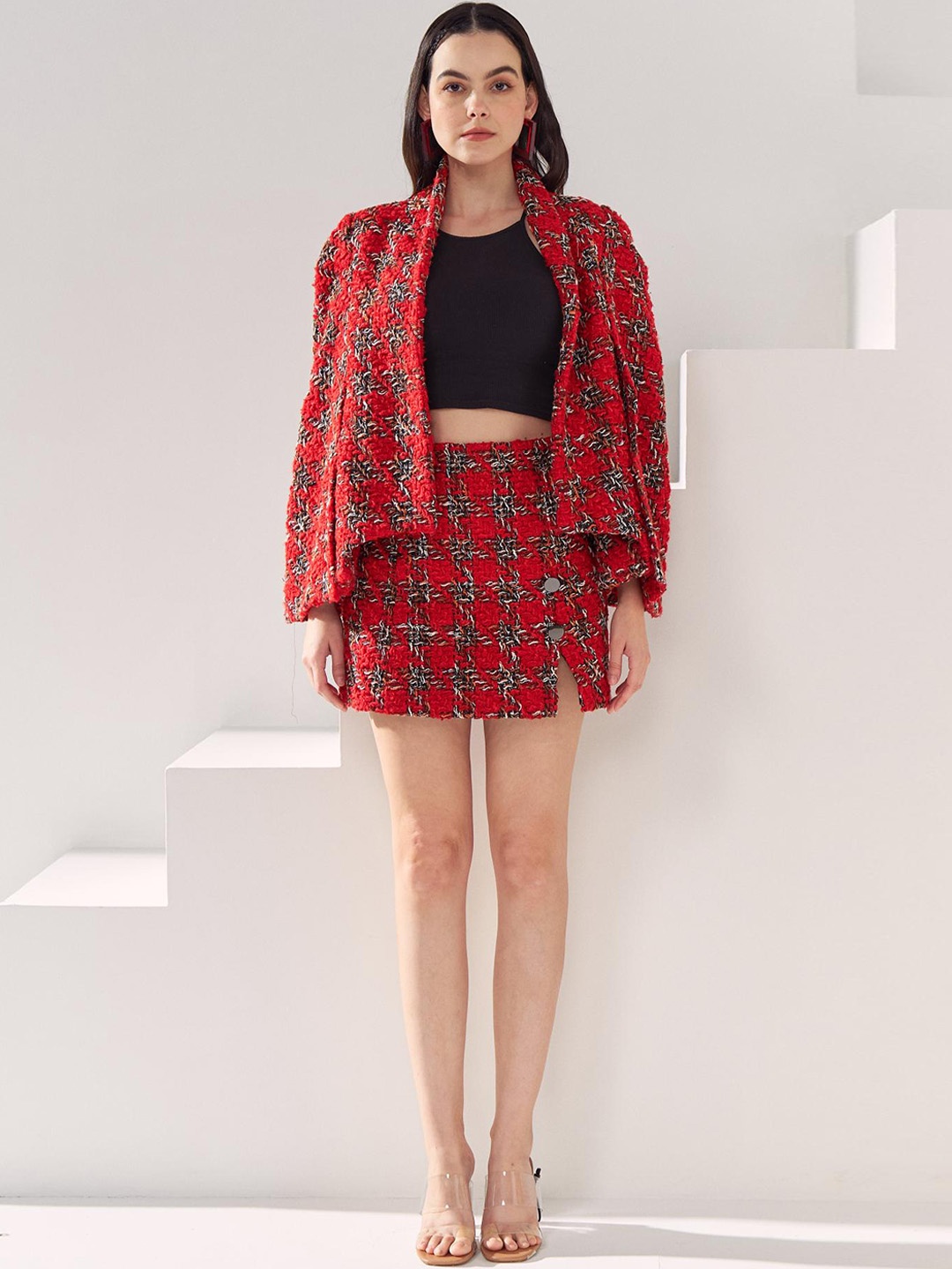 

CLOTHES ON MY MIND Self Design Top With Shrug & Skirt, Red