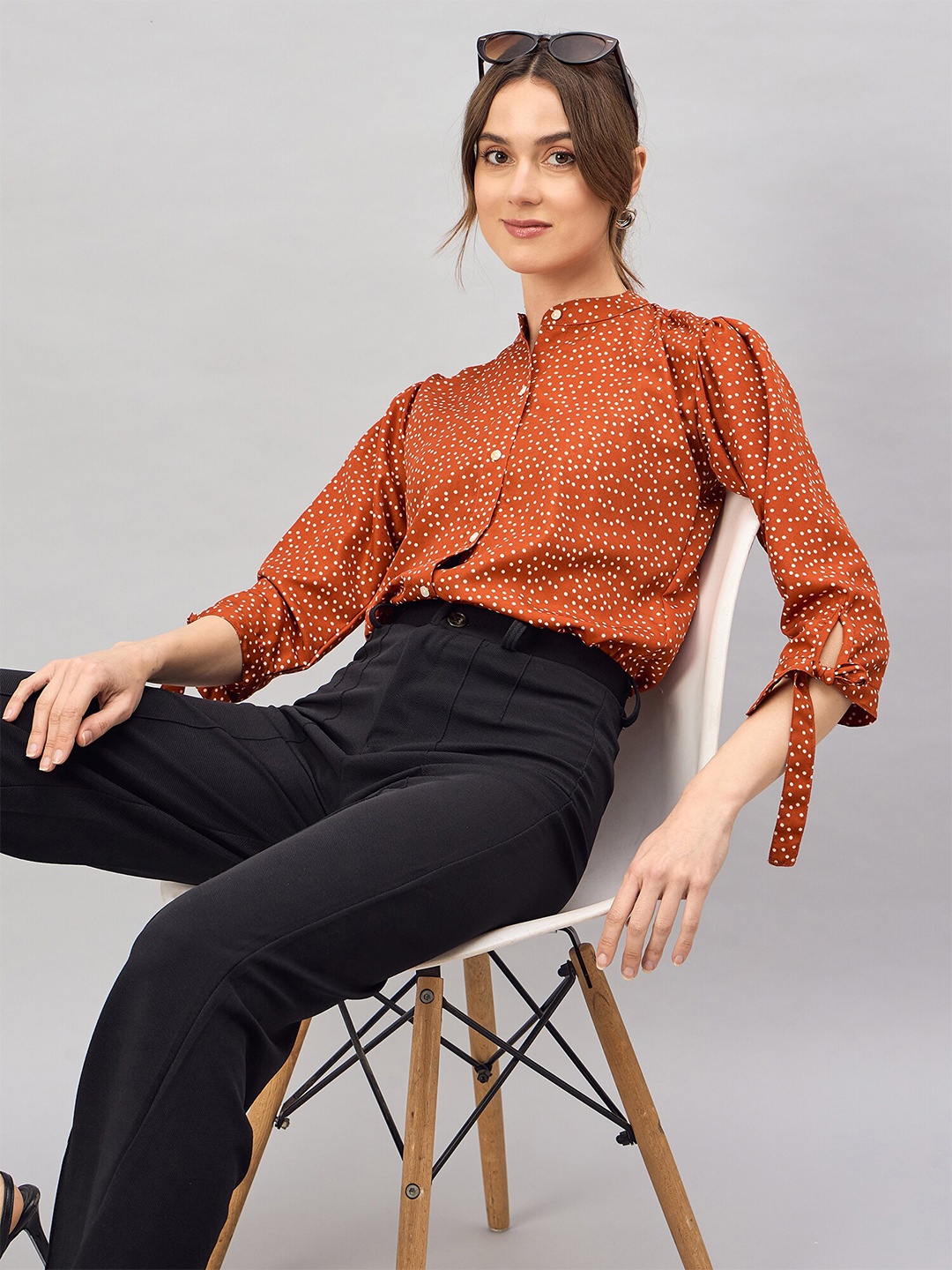 

DressBerry Polka Dots Printed Mandarin Collar Crepe Top, Rust