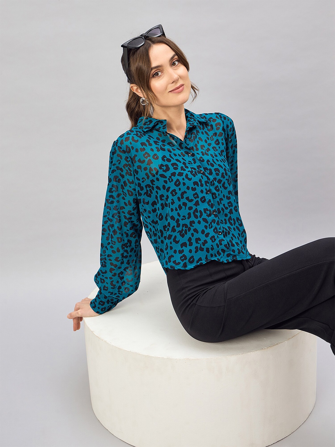 

DressBerry Floral Printed Georgette Shirt Style Top, Teal