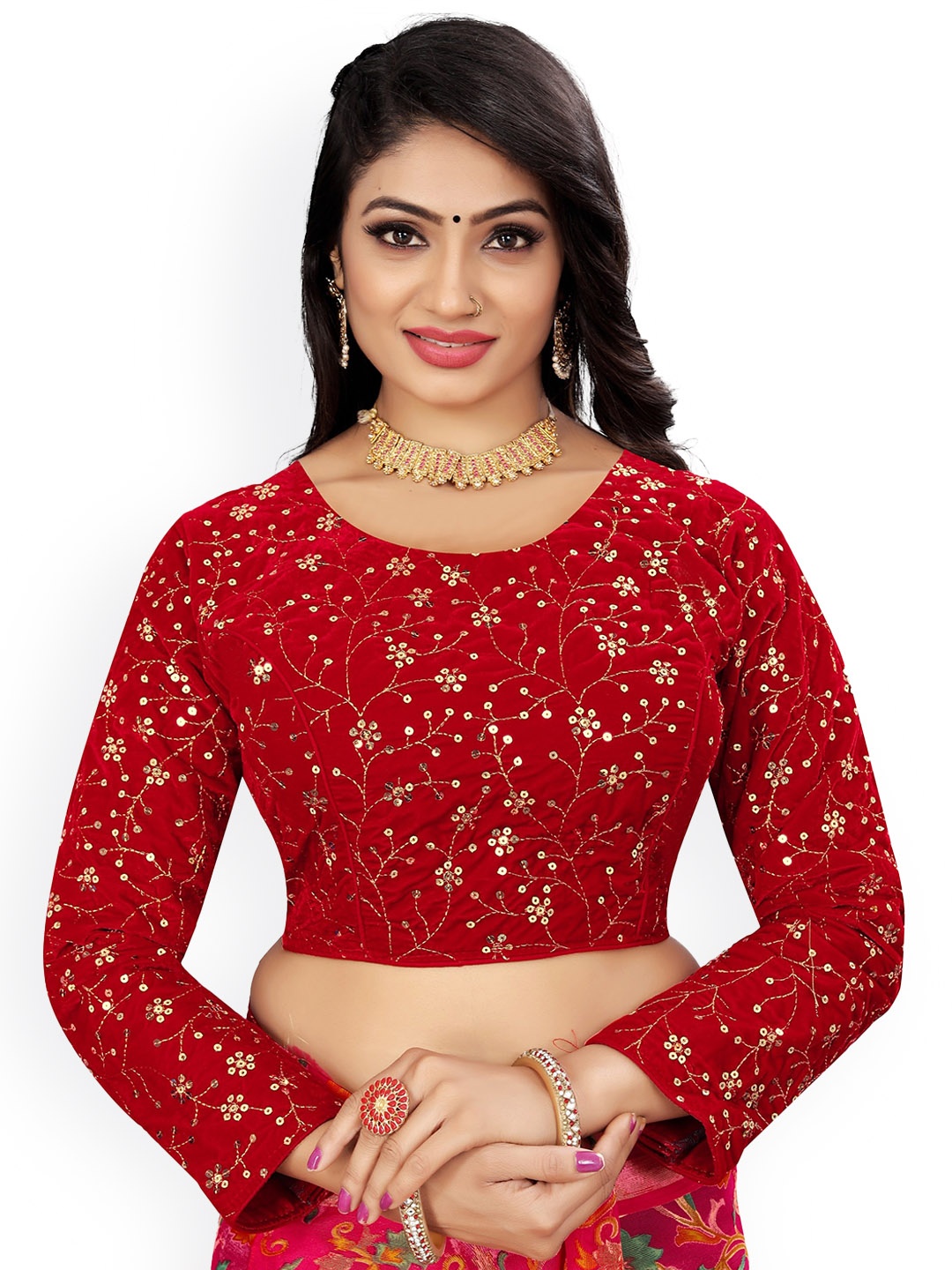 

Reeta Fashion Embroidered Long Sleeves Velvet Padded Saree Blouse, Red