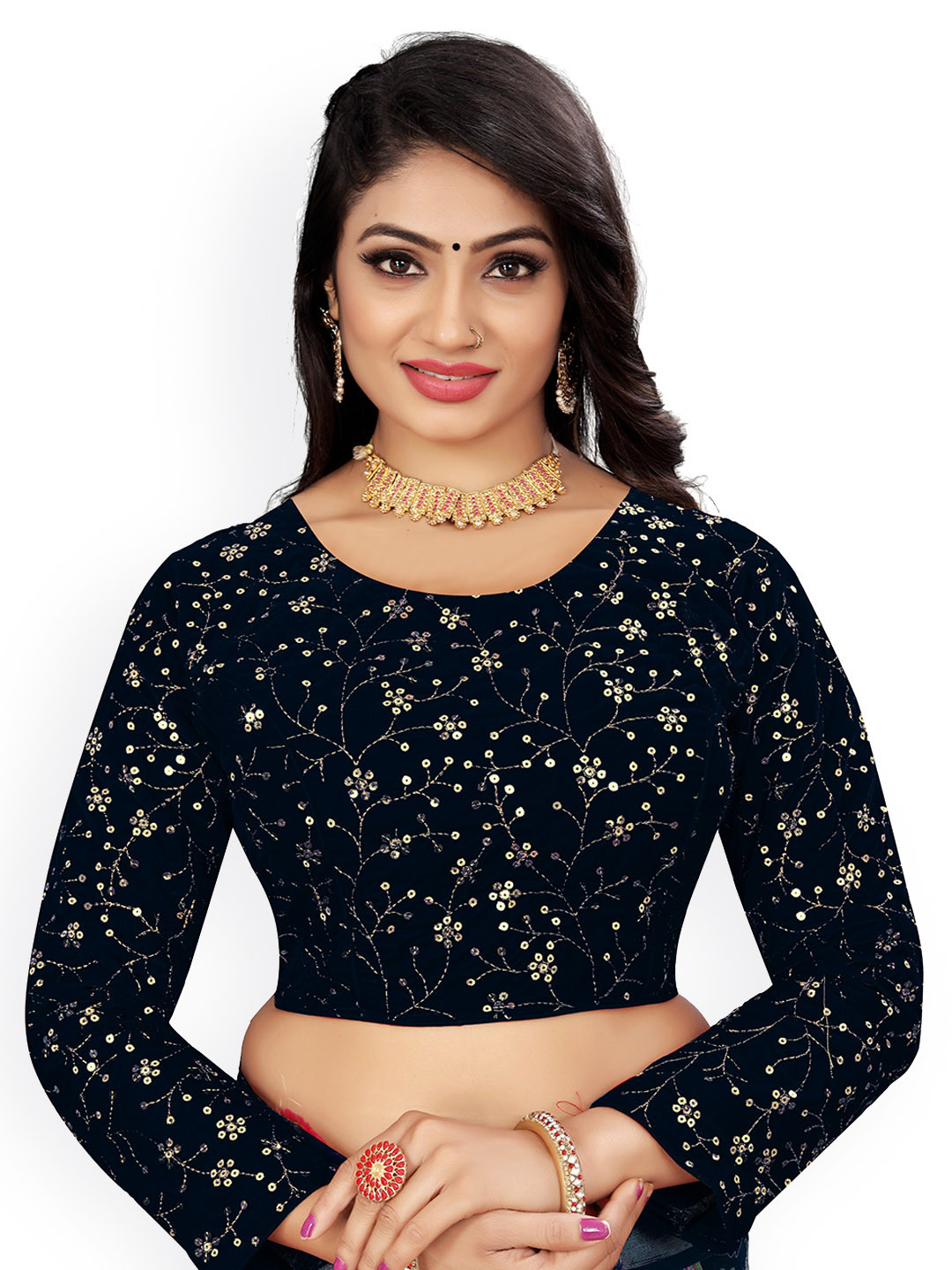 

Reeta Fashion Floral Embroidered Long Sleeves Velvet Padded Saree Blouse, Navy blue
