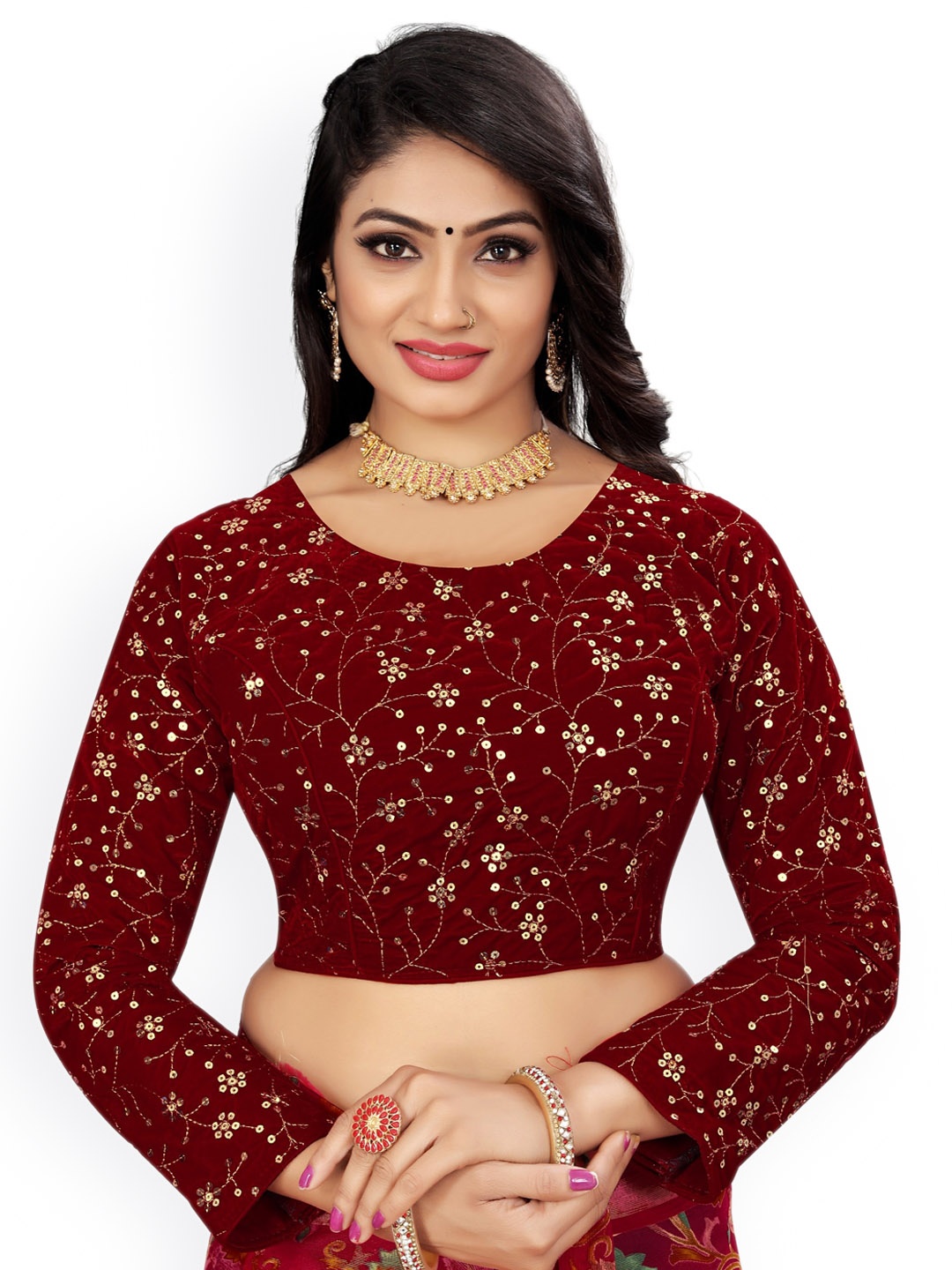 

Reeta Fashion Embroidered Velvet Padded Saree Blouse, Maroon