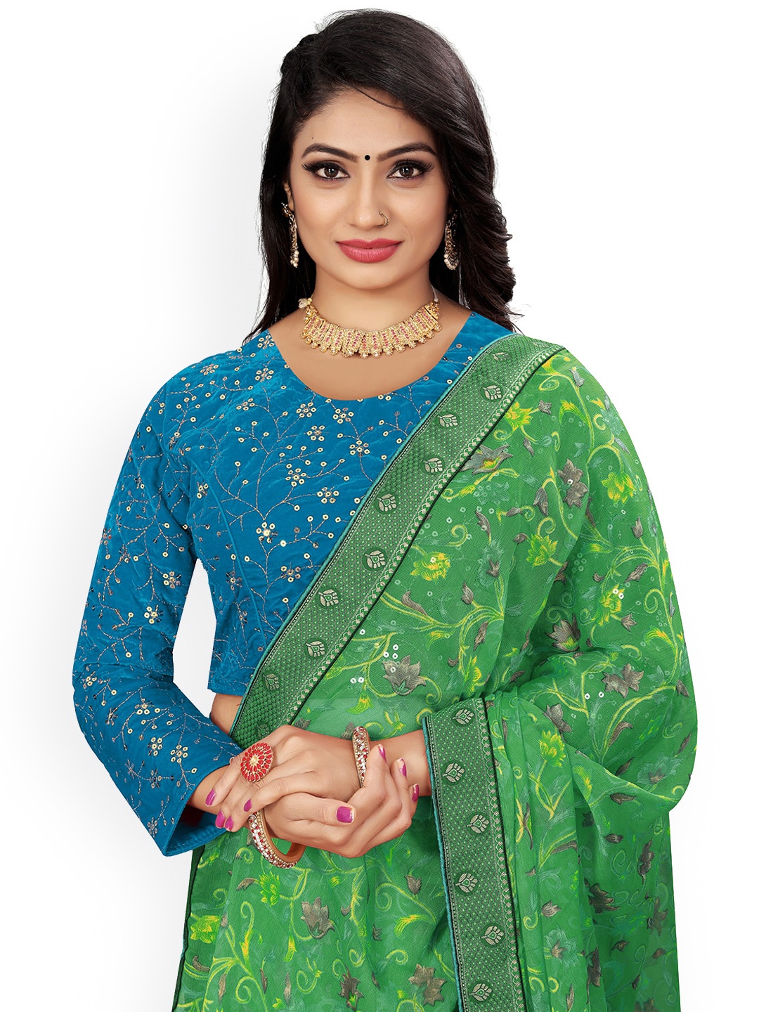 

Reeta Fashion Embroidered Velvet Padded Saree Blouse, Teal