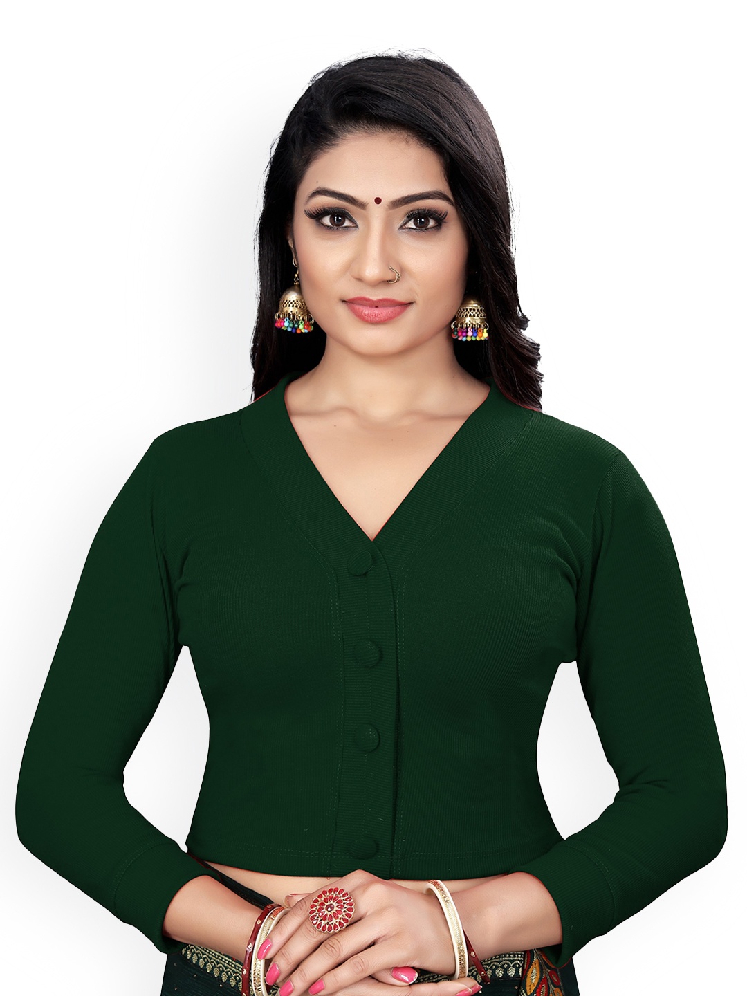 

Reeta Fashion Ribbed V-Neck Woollen Saree Blouse, Green