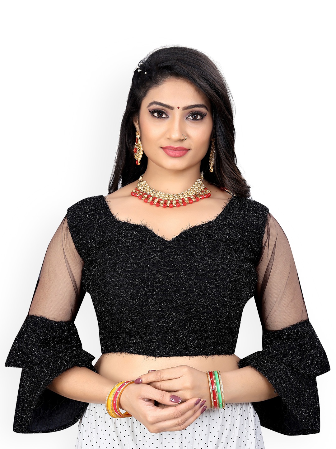 

Reeta Fashion Embroidered Padded Organza Saree Blouse, Black