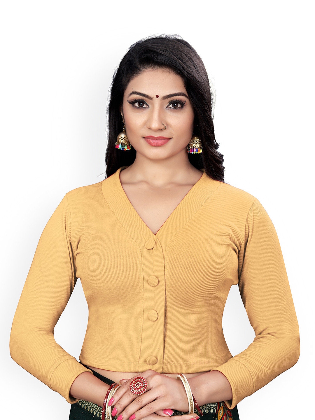

Reeta Fashion Ribbed V-Neck Woollen Saree Blouse, Gold
