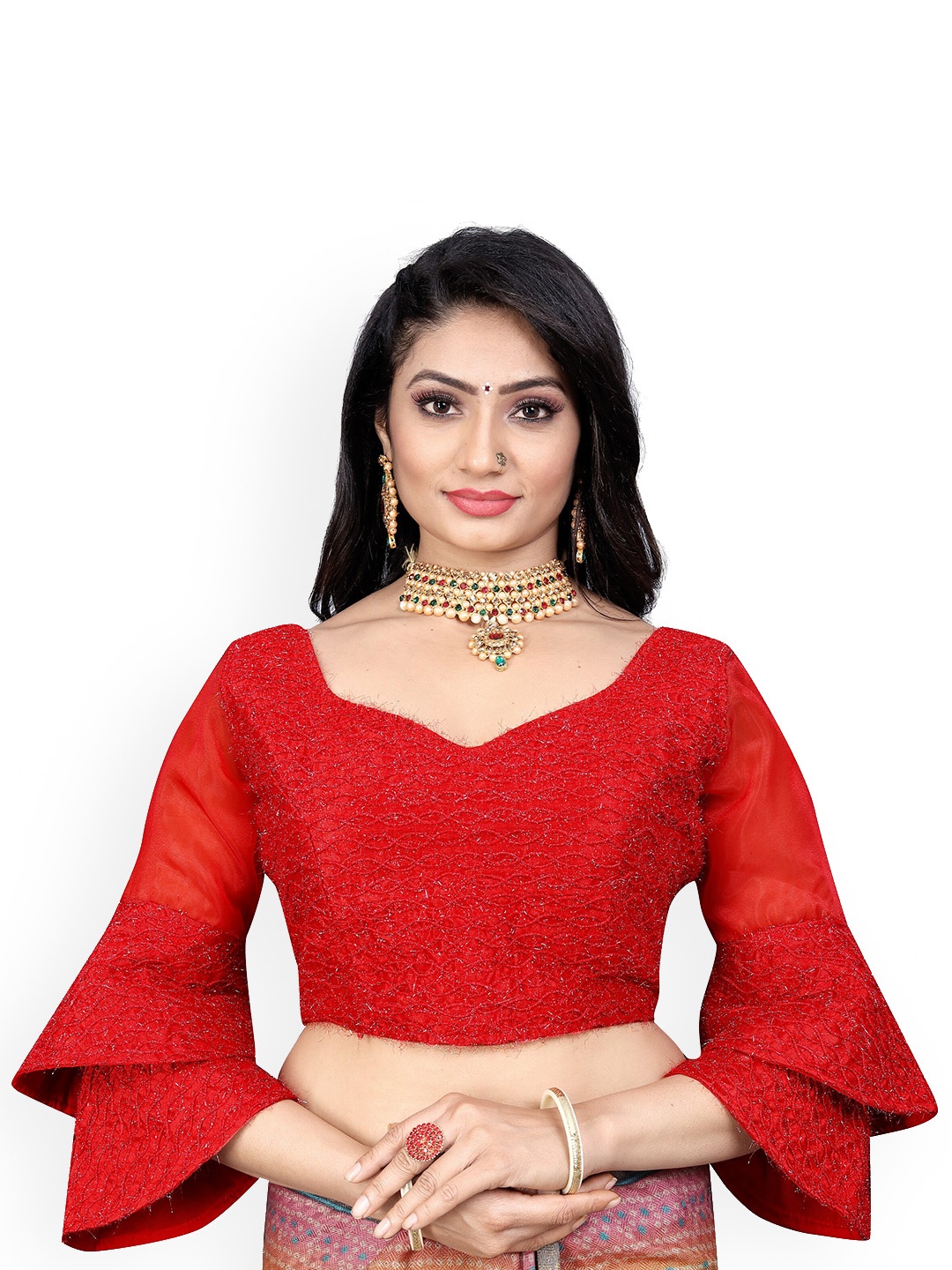 

Reeta Fashion Embroidered Thread Work Organza Padded Saree Blouse, Red