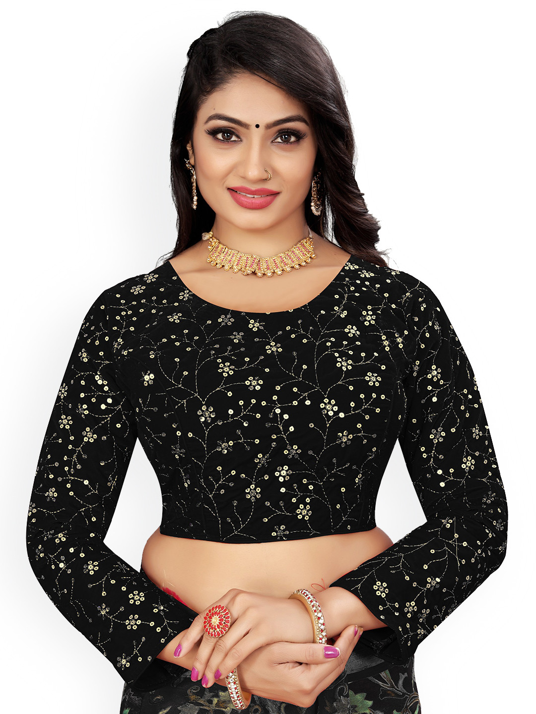 

Reeta Fashion Embroidered Velvet Padded Saree Blouse, Black