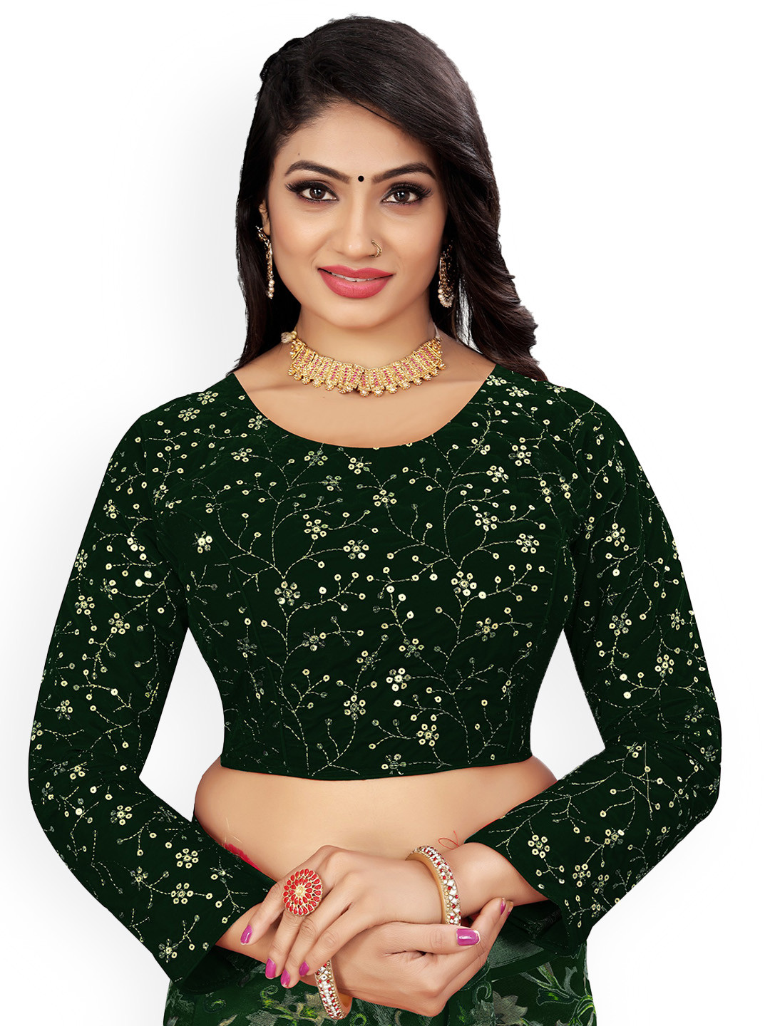 

Reeta Fashion Embroidered Long Sleeves Velvet Padded Saree Blouse, Green