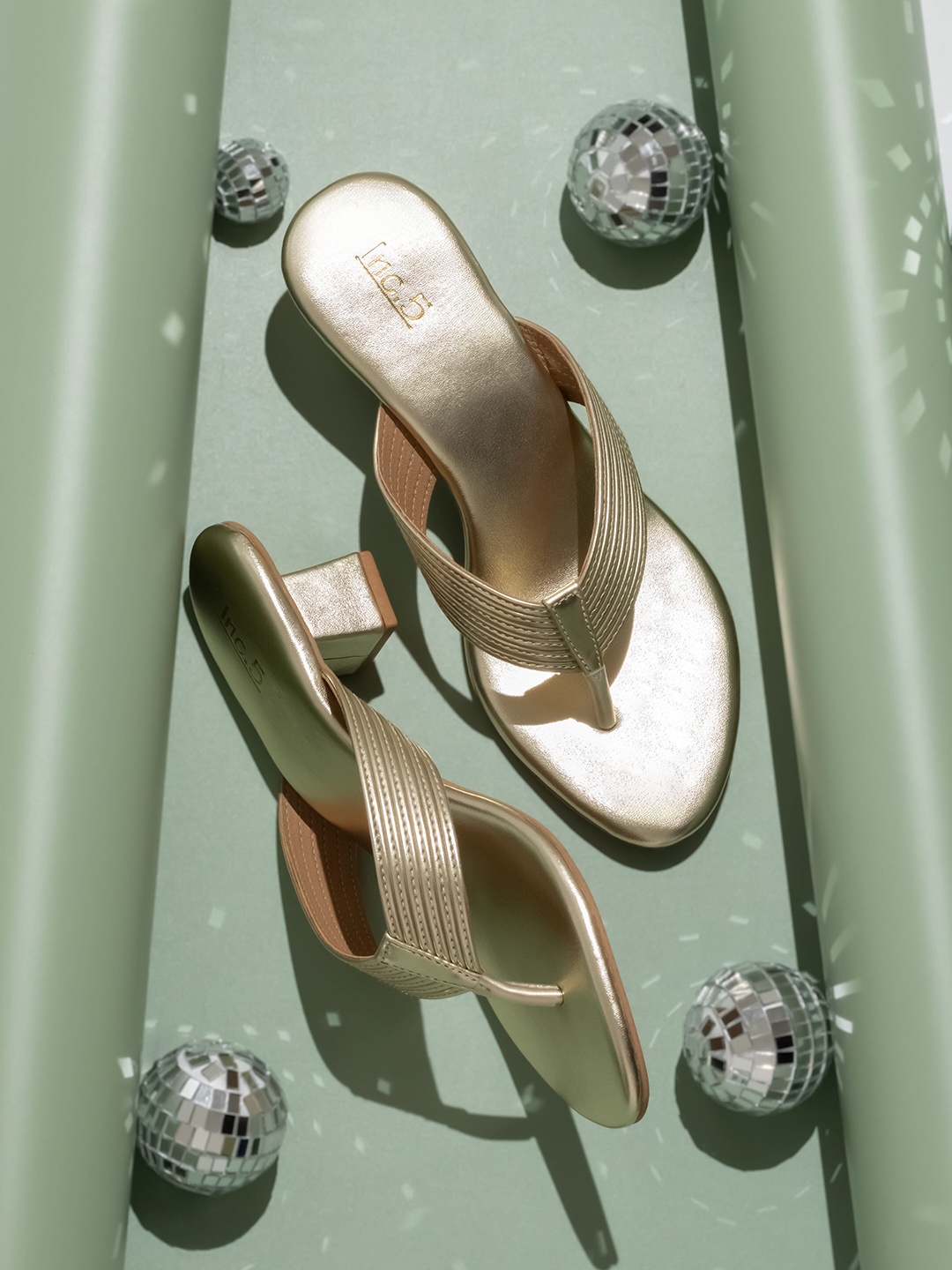 

Inc 5 Striped Open Toe Block Heels, Gold
