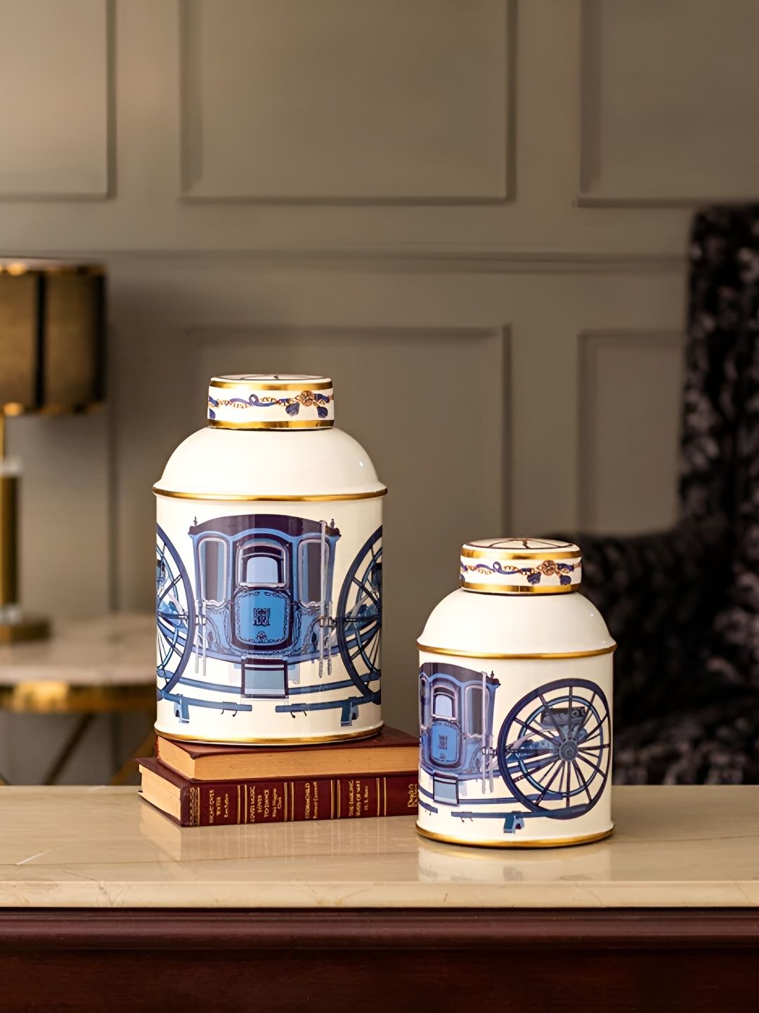 

THEDECORKART White & Blue 2 Pieces Printed Ceramic Figurine Showpieces