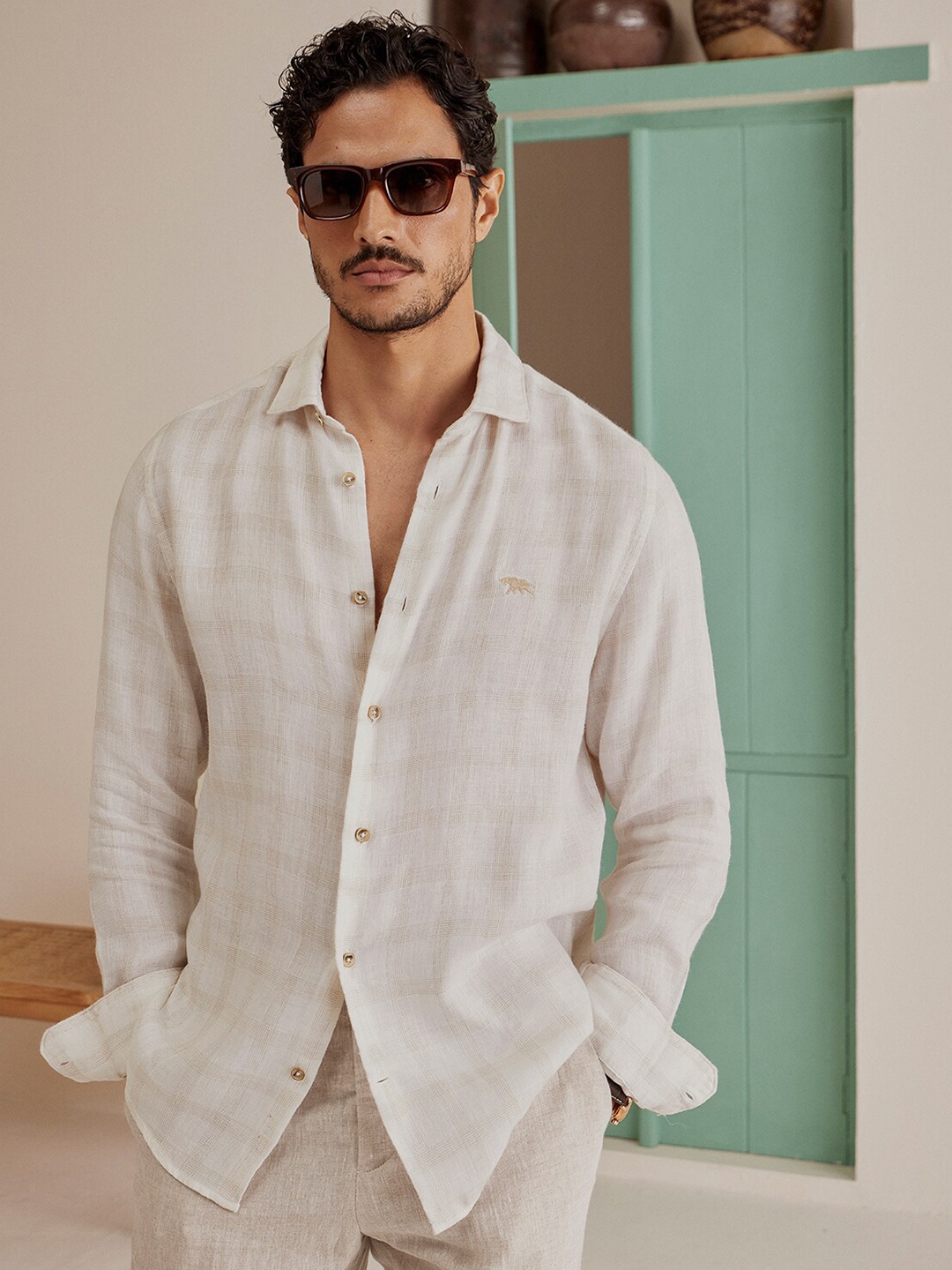 

Andamen Premium Men Slim Fit Checked Opaque Linen Tencel Slub Shirt, Khaki