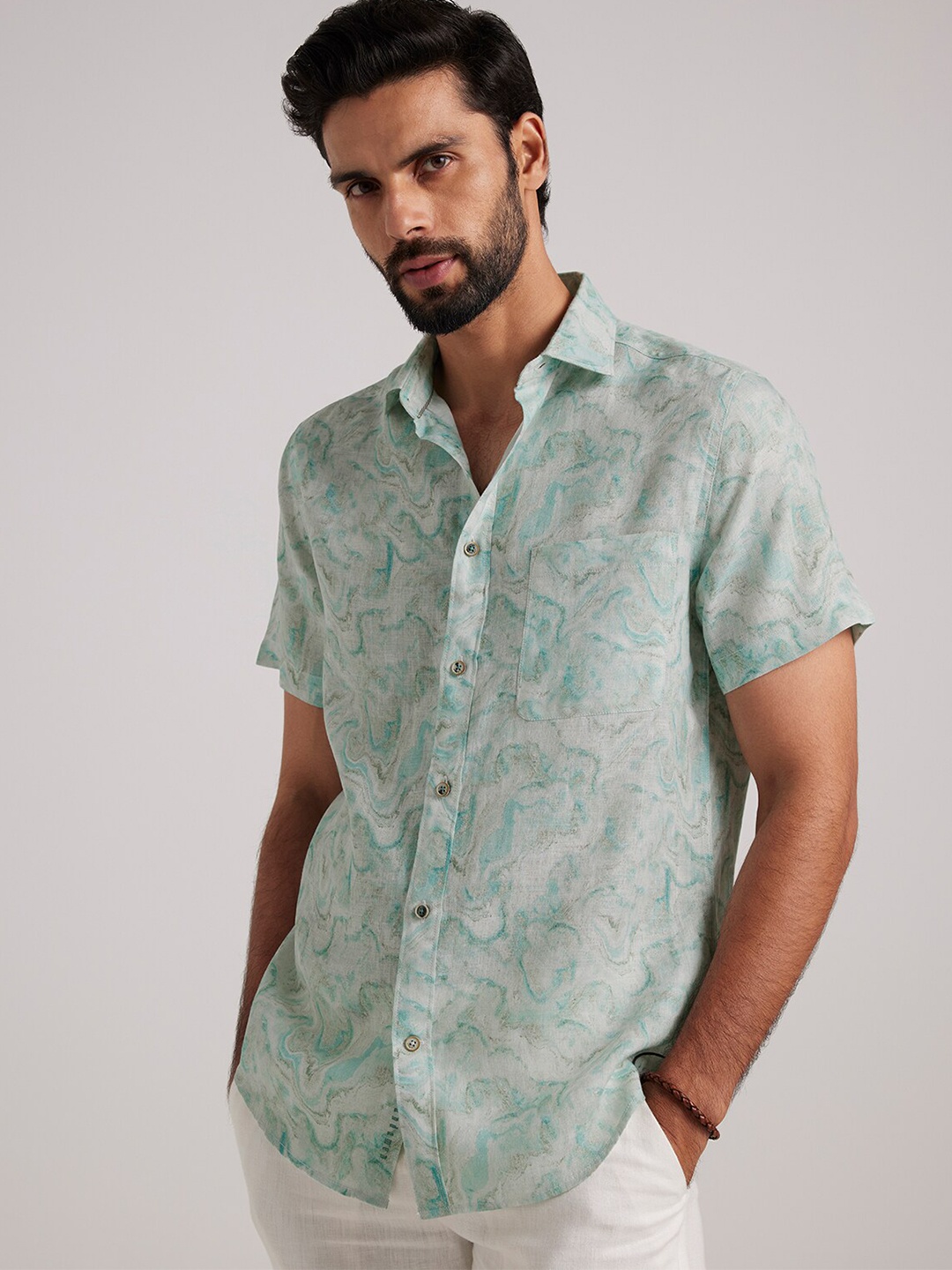 

Andamen Premium Floral Printed Spread Collar Short Sleeves Linen Casual Shirt, Teal