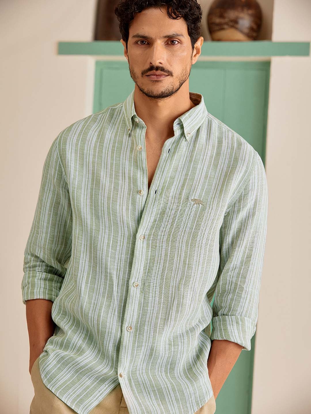 

Andamen Premium Vertical Striped Button Down Collar Linen Shirt, Olive