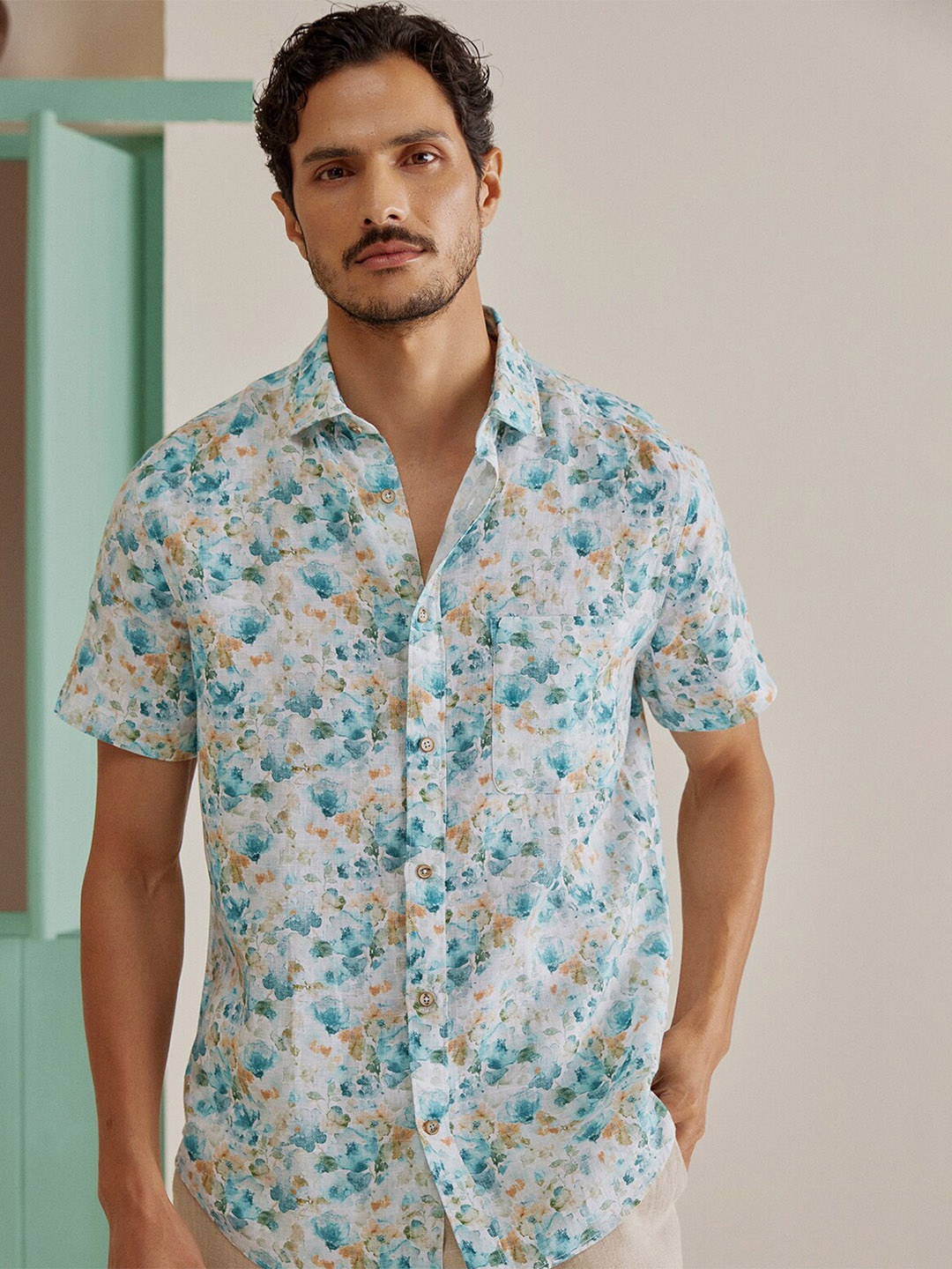 

Andamen Premium Men Floral Print Opaque Linen Shirt, Blue