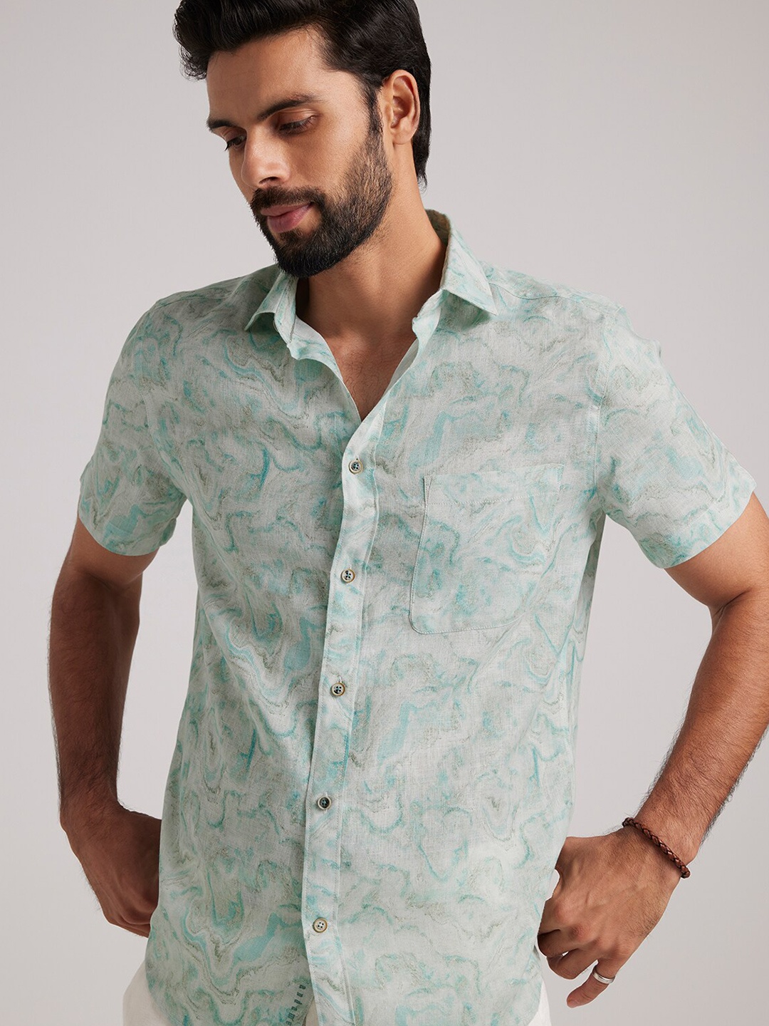 

Andamen Premium Slim Fit Abstract Printed Linen Casual Shirt, Teal