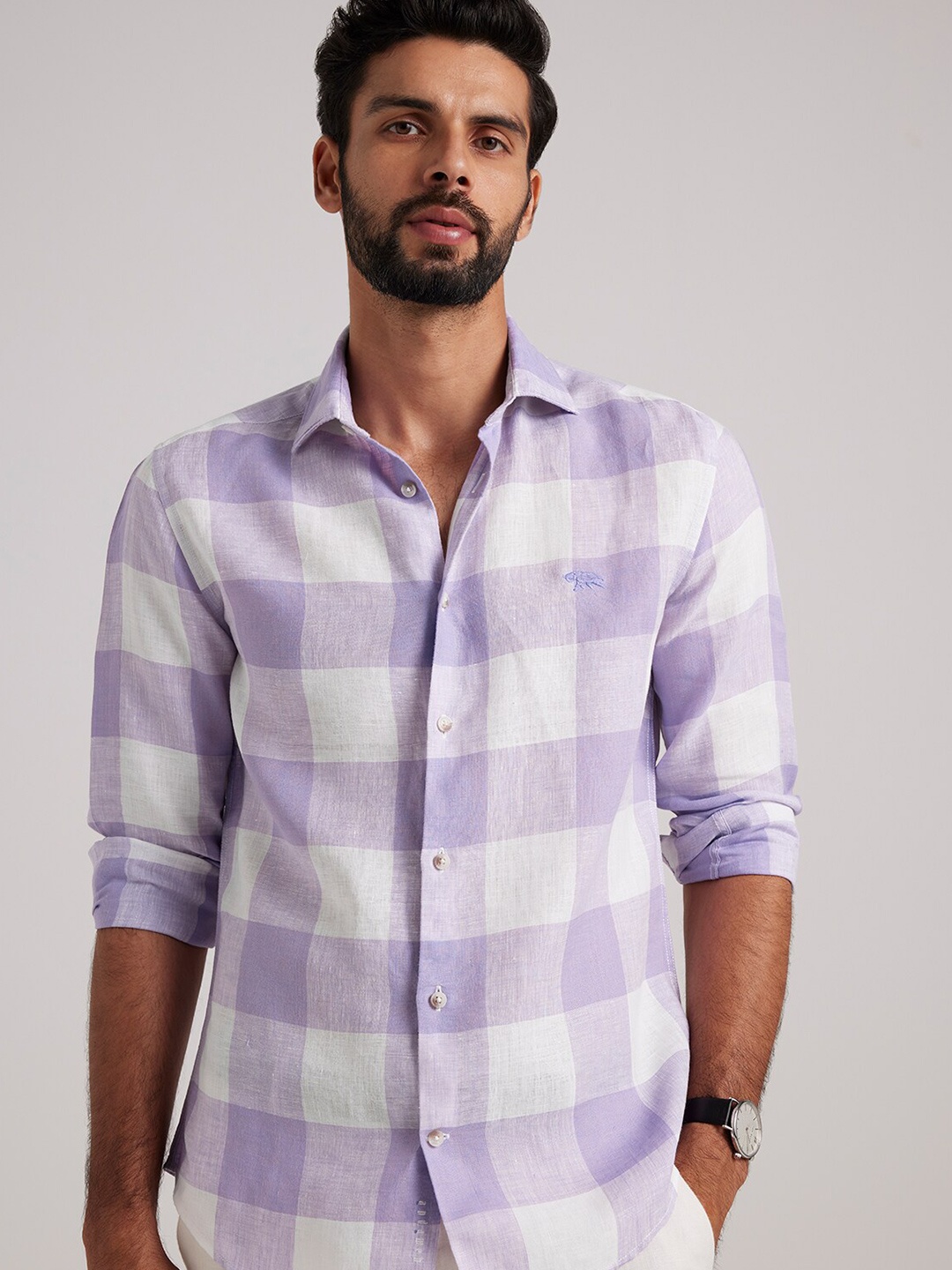 

Andamen Premium Buffalo Checks Linen Casual Shirt, Lavender