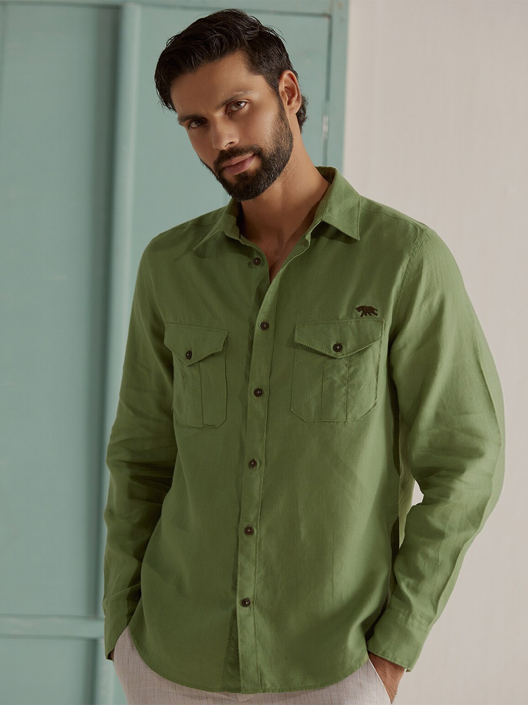 

Andamen Premium Slim Fit Linen Casual Shirt, Olive