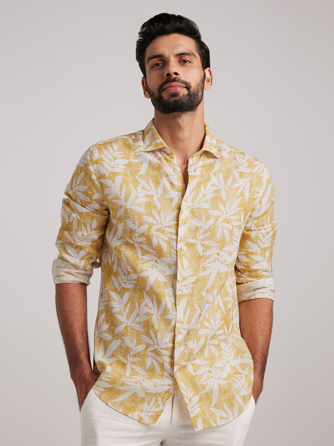 

Andamen Premium Floral Printed Linen Casual Shirt, Mustard