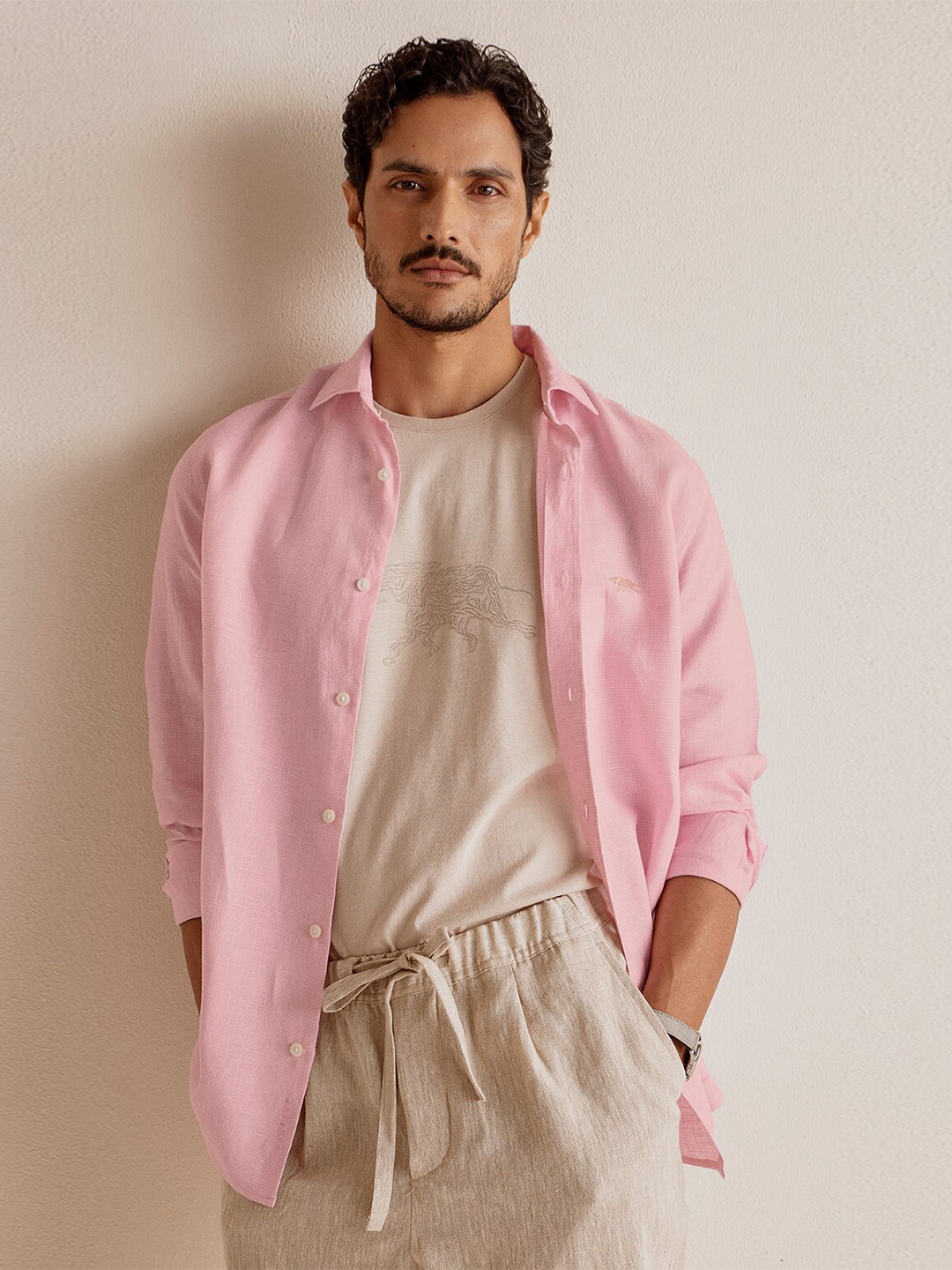 

Andamen Premium Men Linen Tencel Slub Cutaway Collar Shirt, Pink