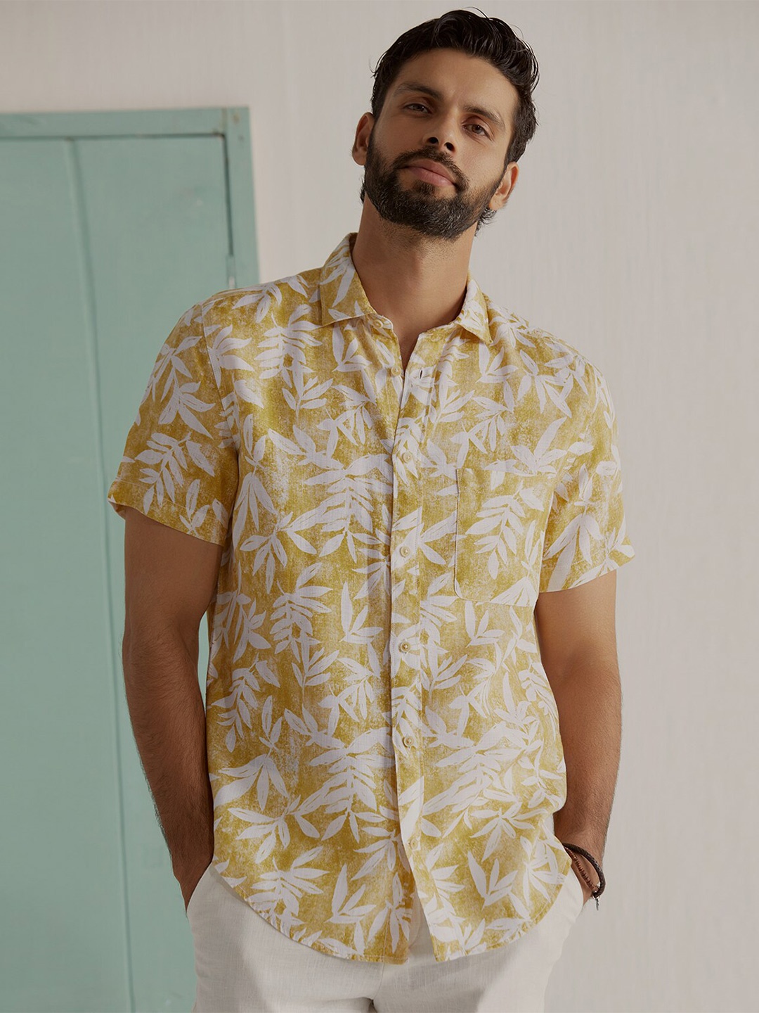 

Andamen Premium Slim Fit Floral Printed Linen Casual Shirt, Mustard