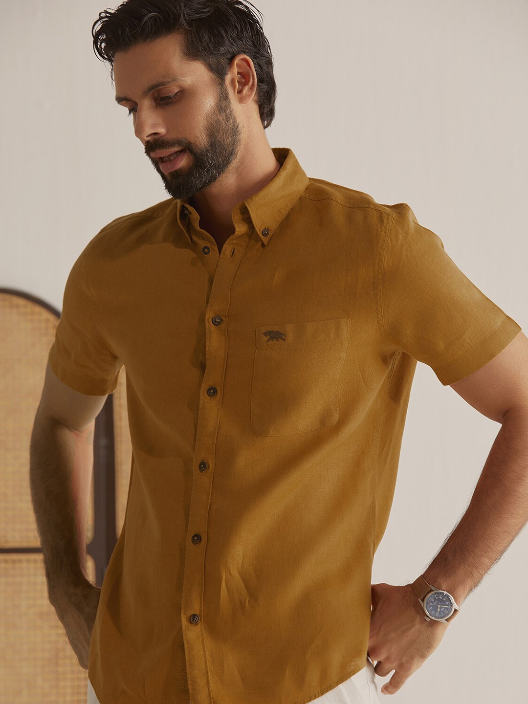 

Andamen Premium Button-Down Collar Linen Casual Shirt, Mustard