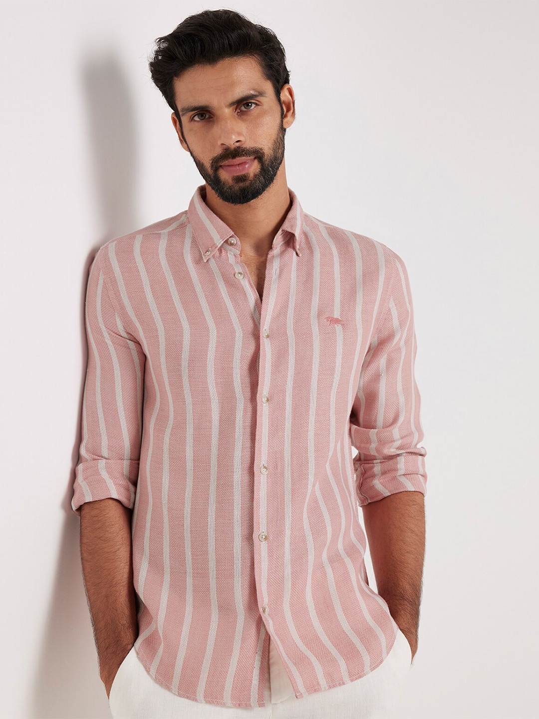 

Andamen Premium Men Slim Fit Vertical Stripes Opaque Linen Shirt, Pink